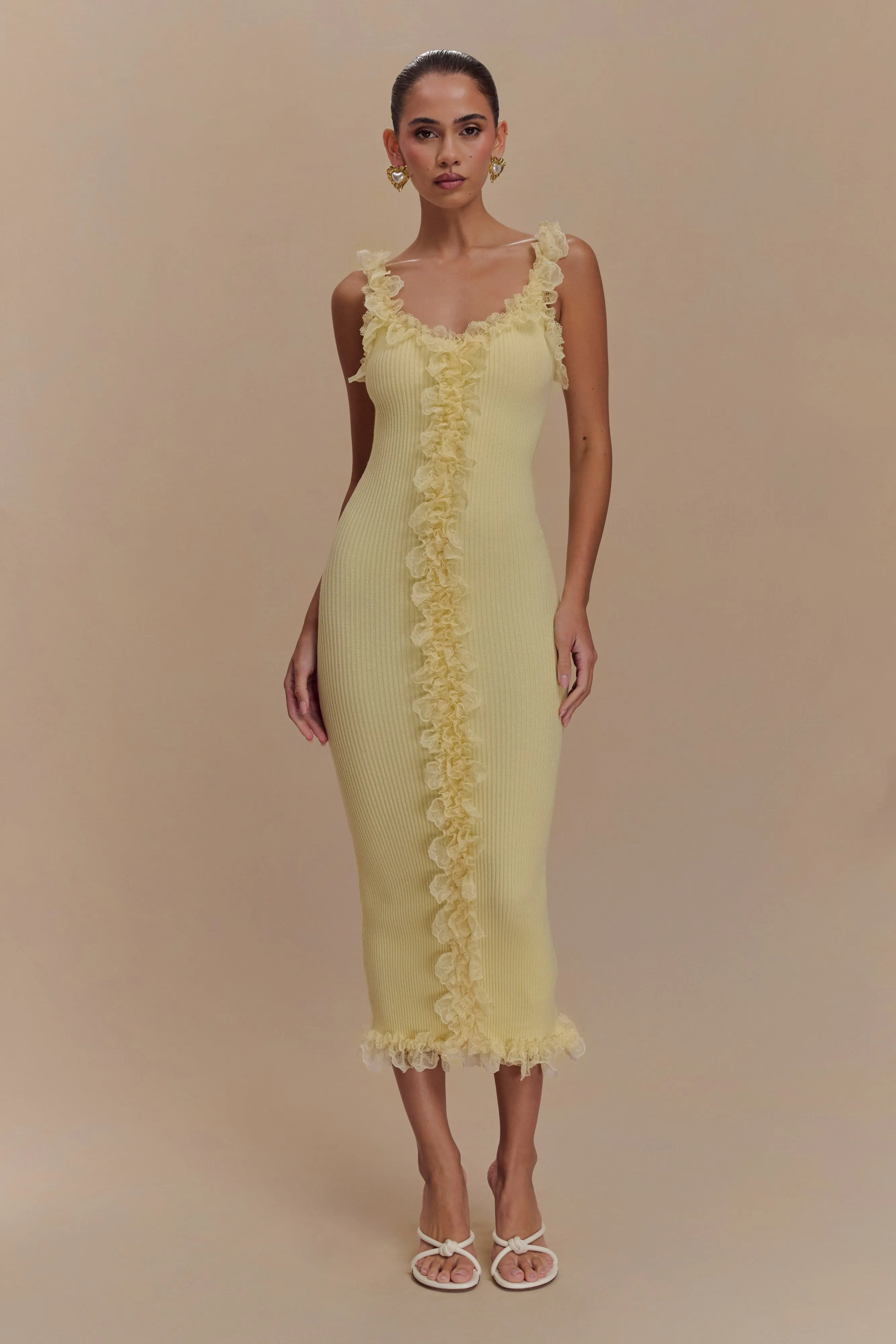 Shay Lace Ruffle Knit Midi Dress - Lemon sold by Meshki product image thumbnail 5