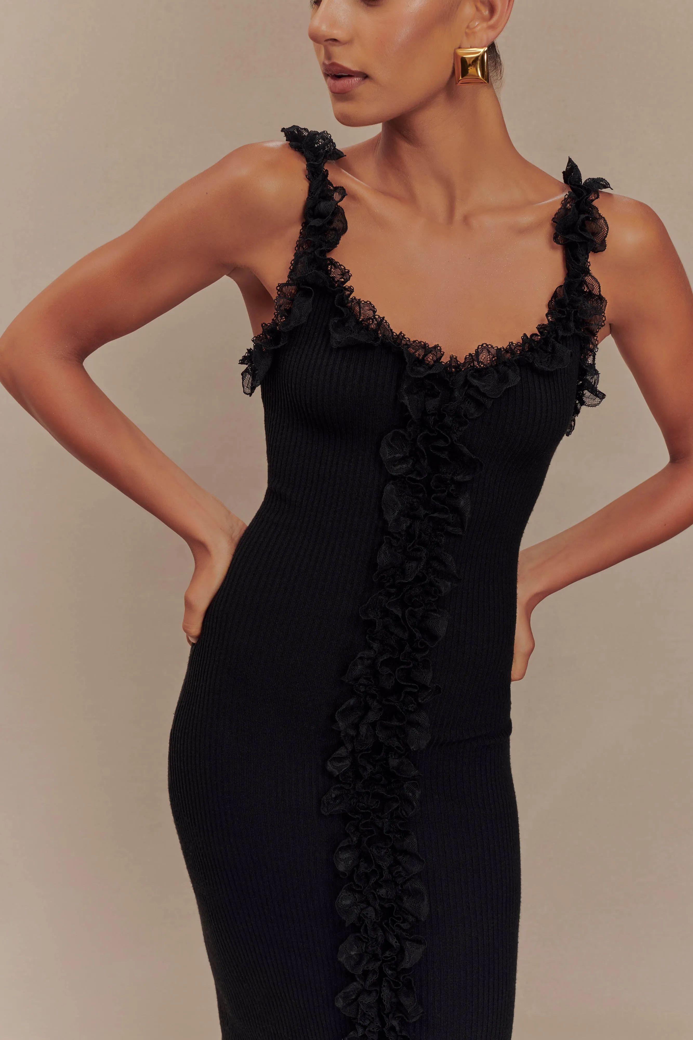 Shay Lace Ruffle Knit Midi Dress - Black sold by Meshki product image thumbnail 3