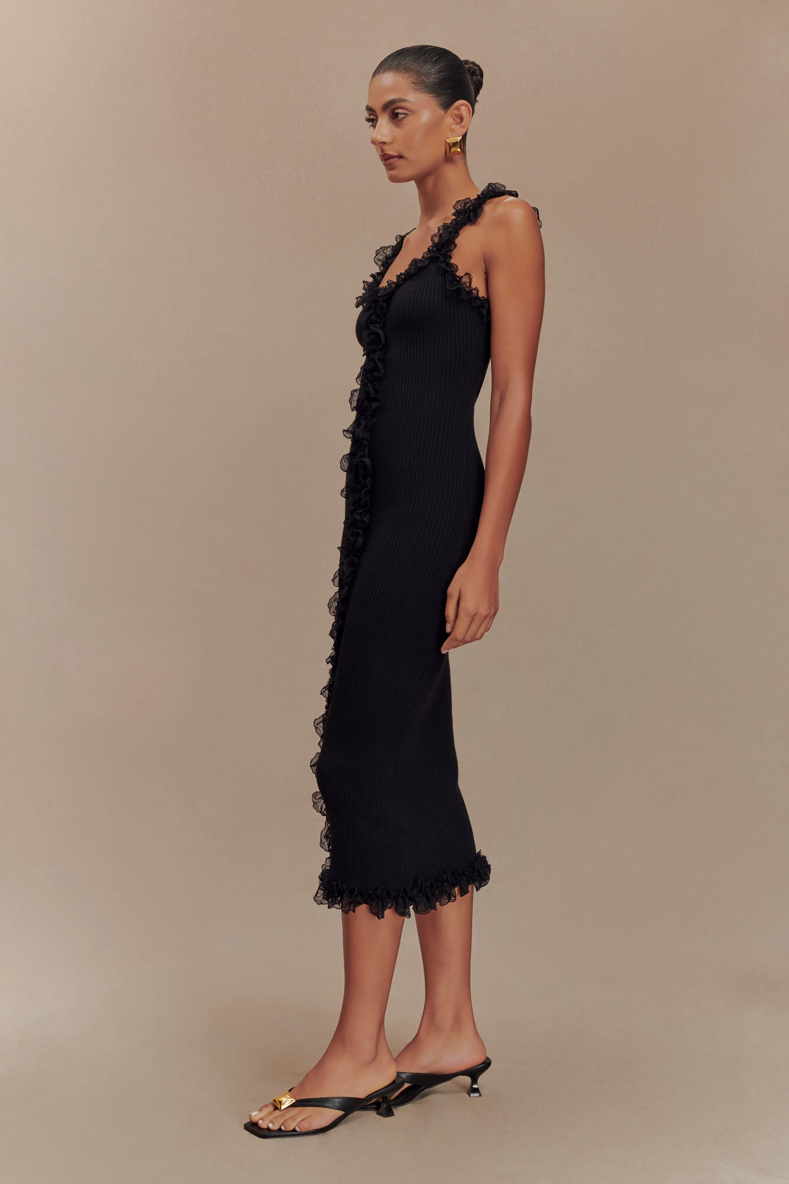 Shay Lace Ruffle Knit Midi Dress - Black sold by Meshki product image thumbnail 4