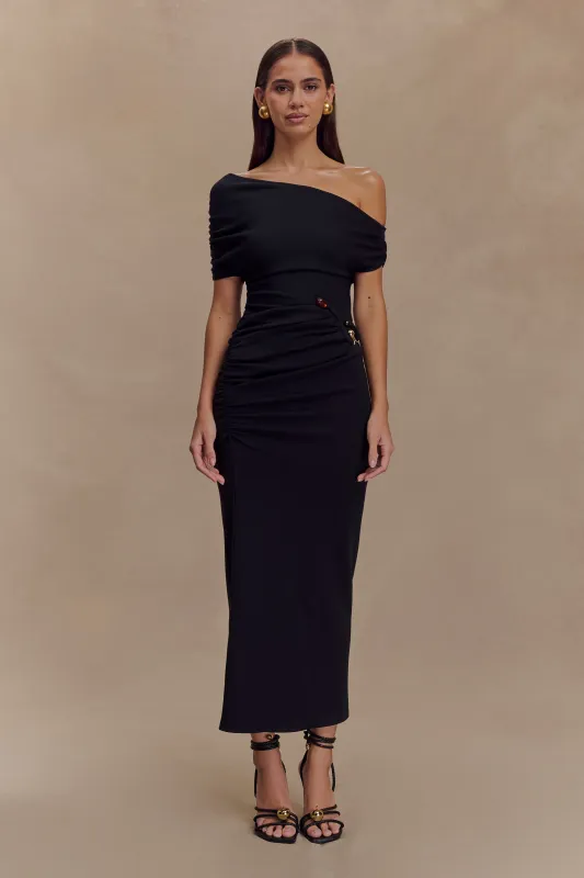 Kendra Scuba Jersey Midi Dress With Hardware - Black sold by Meshki