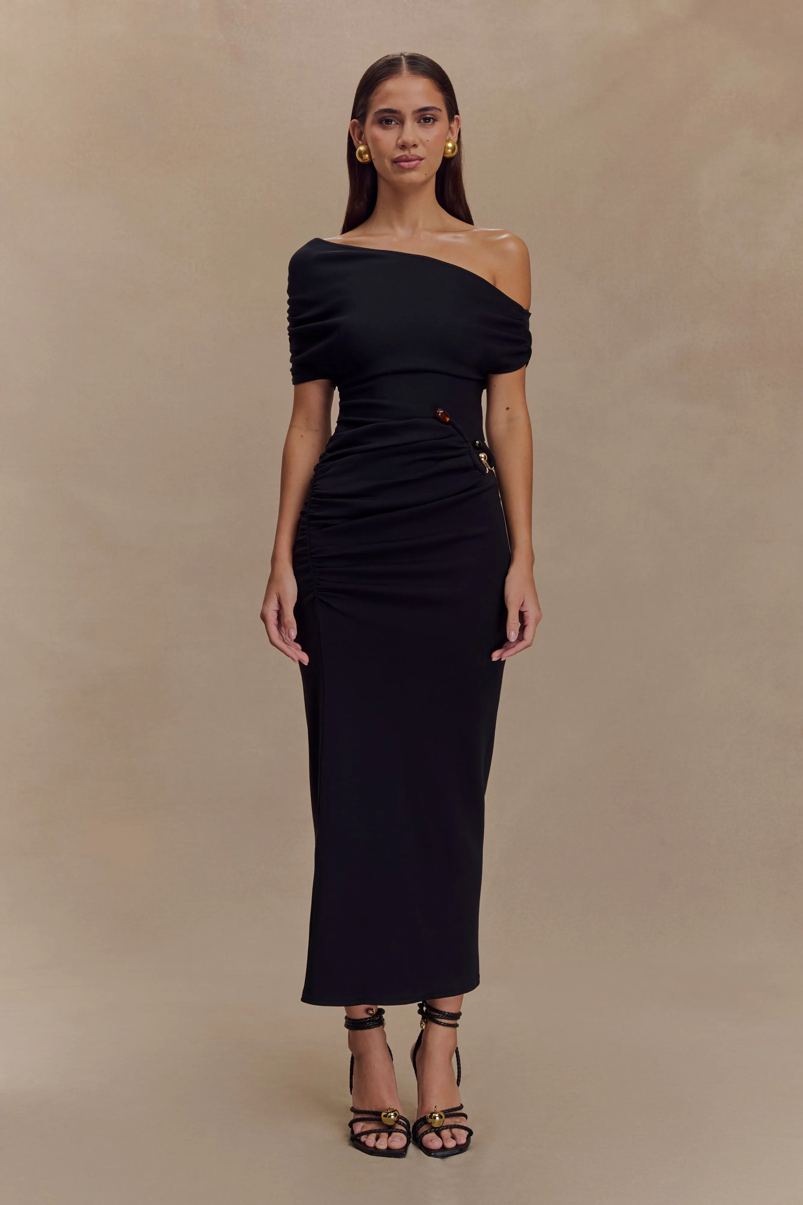 Kendra Scuba Jersey Midi Dress With Hardware - Black sold by Meshki