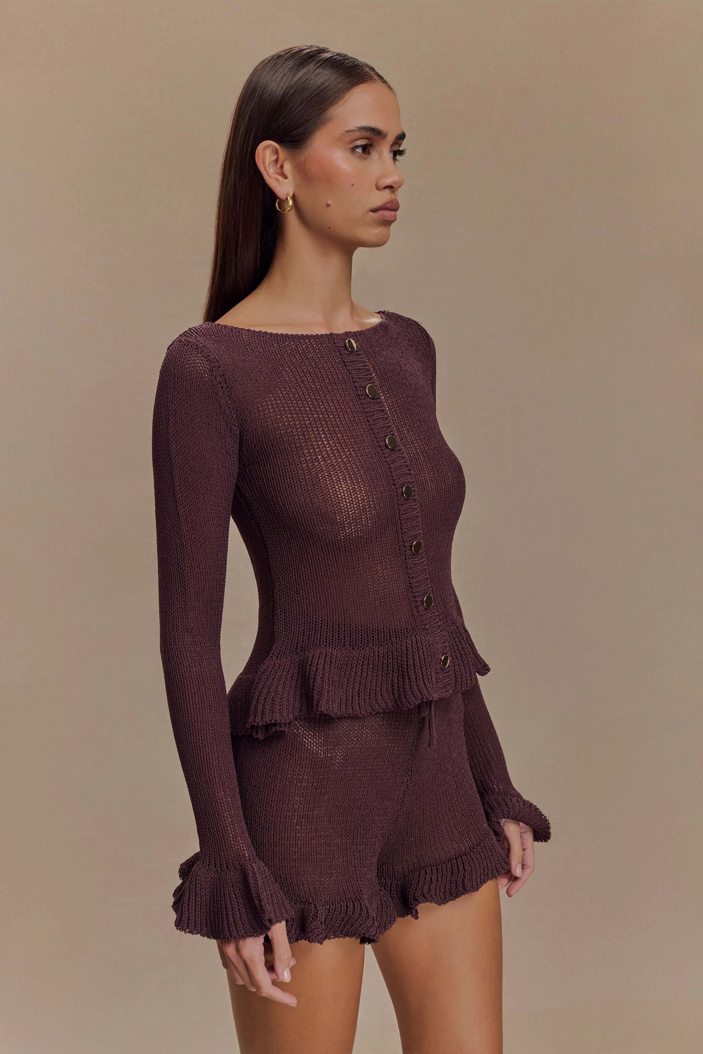 Eleanor Knit Frill Cardigan - Chocolate sold by Meshki product image thumbnail 4