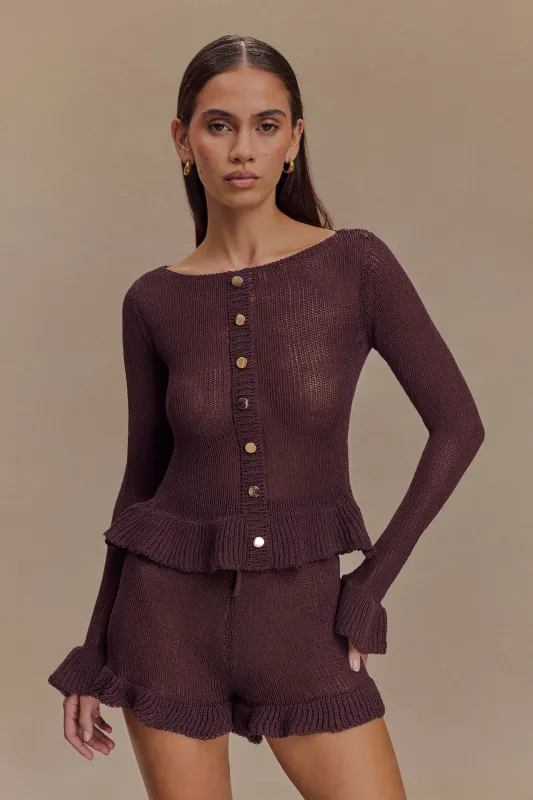 Eleanor Knit Frill Cardigan - Chocolate sold by Meshki