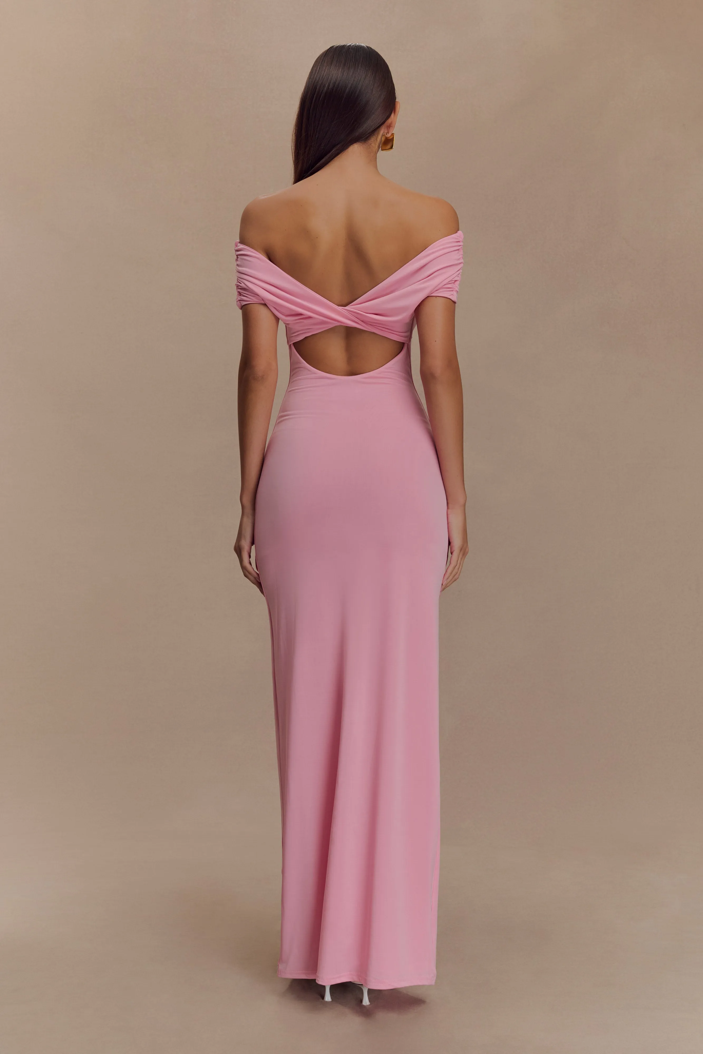 Imogen Off Shoulder Slinky Maxi Dress - Candy Pink sold by Meshki product image thumbnail 2