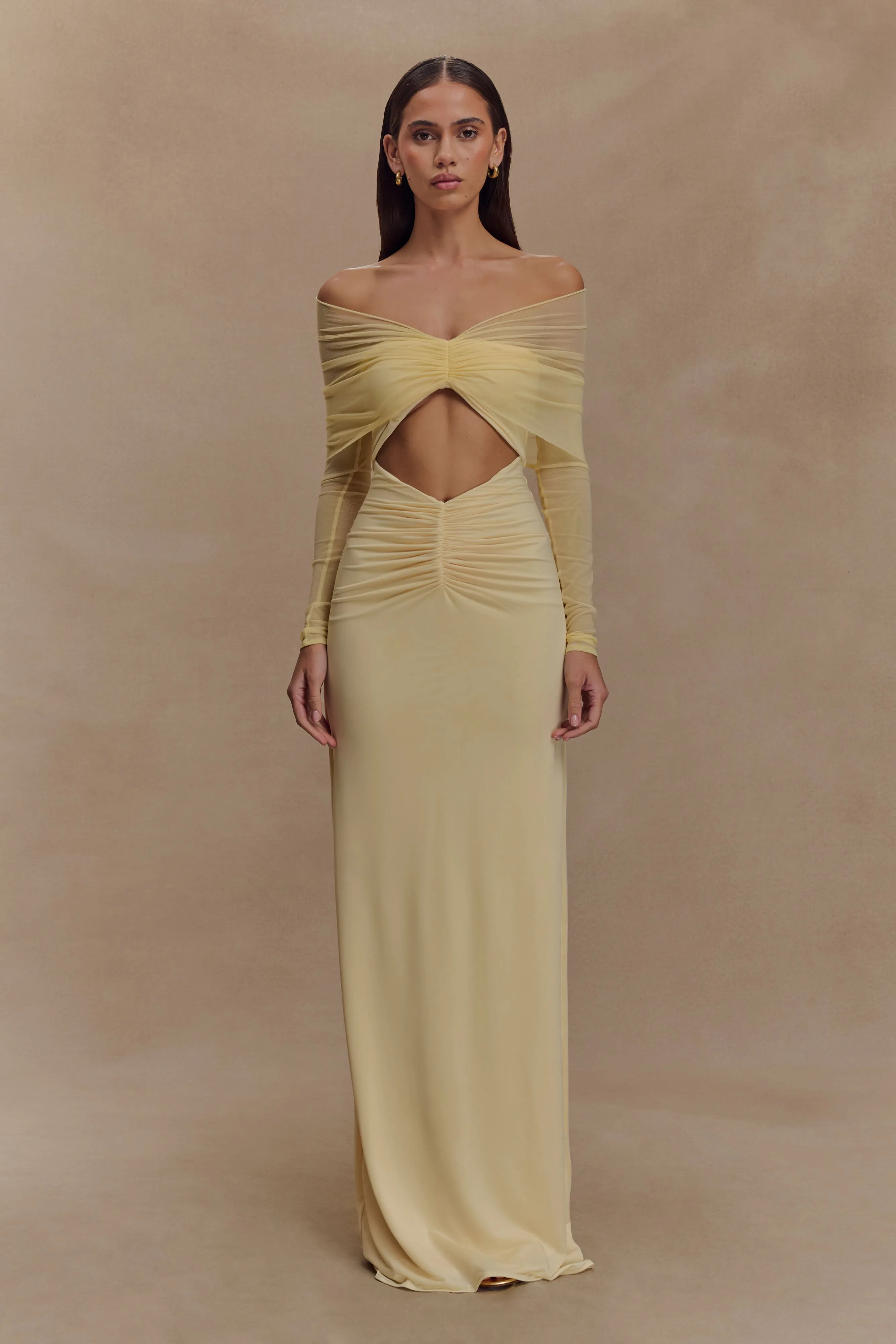 Rafaella Slinky And Mesh Maxi Dress - Lemon sold by Meshki