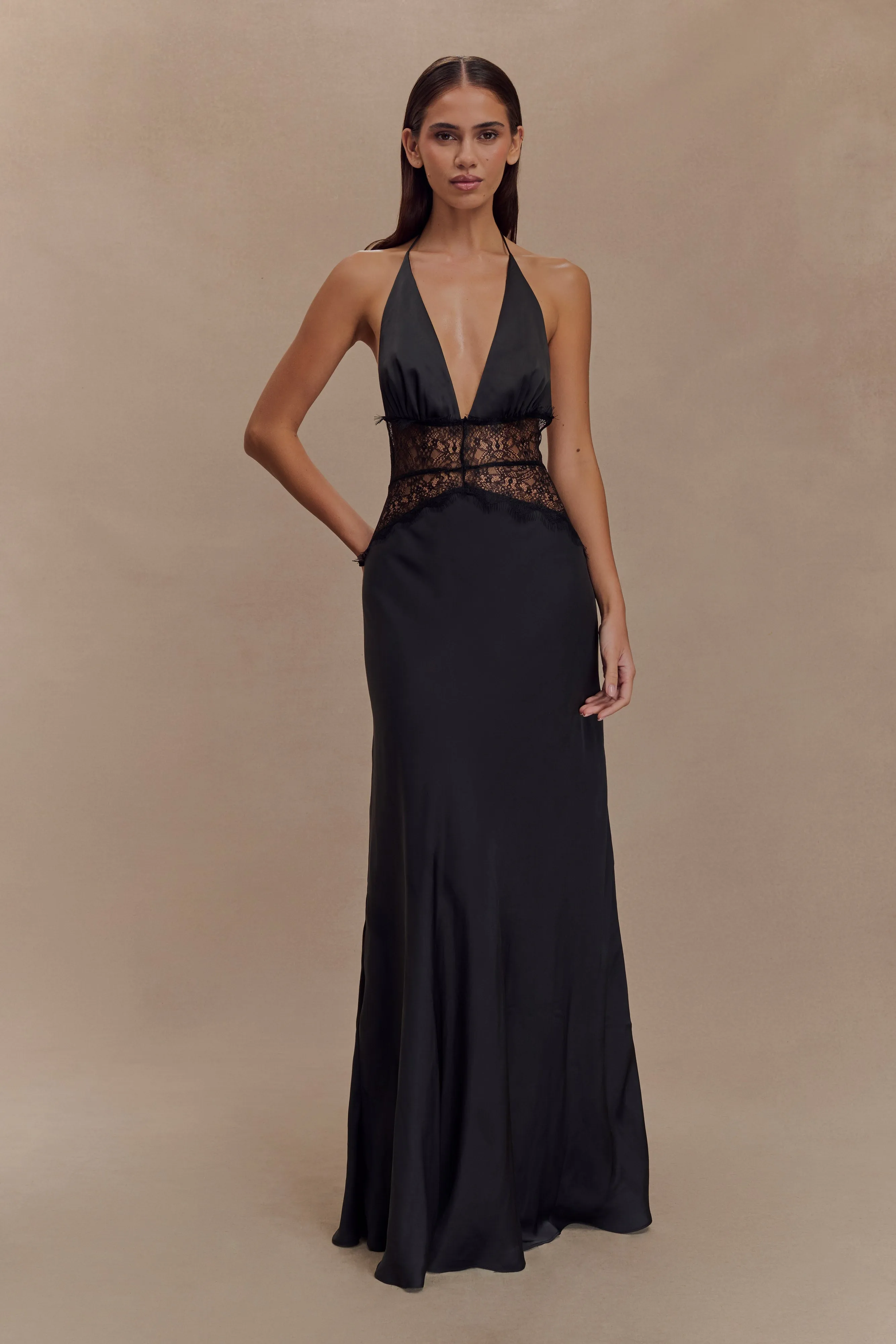 Dinah Lace And Satin Maxi Dress - Black sold by Meshki
