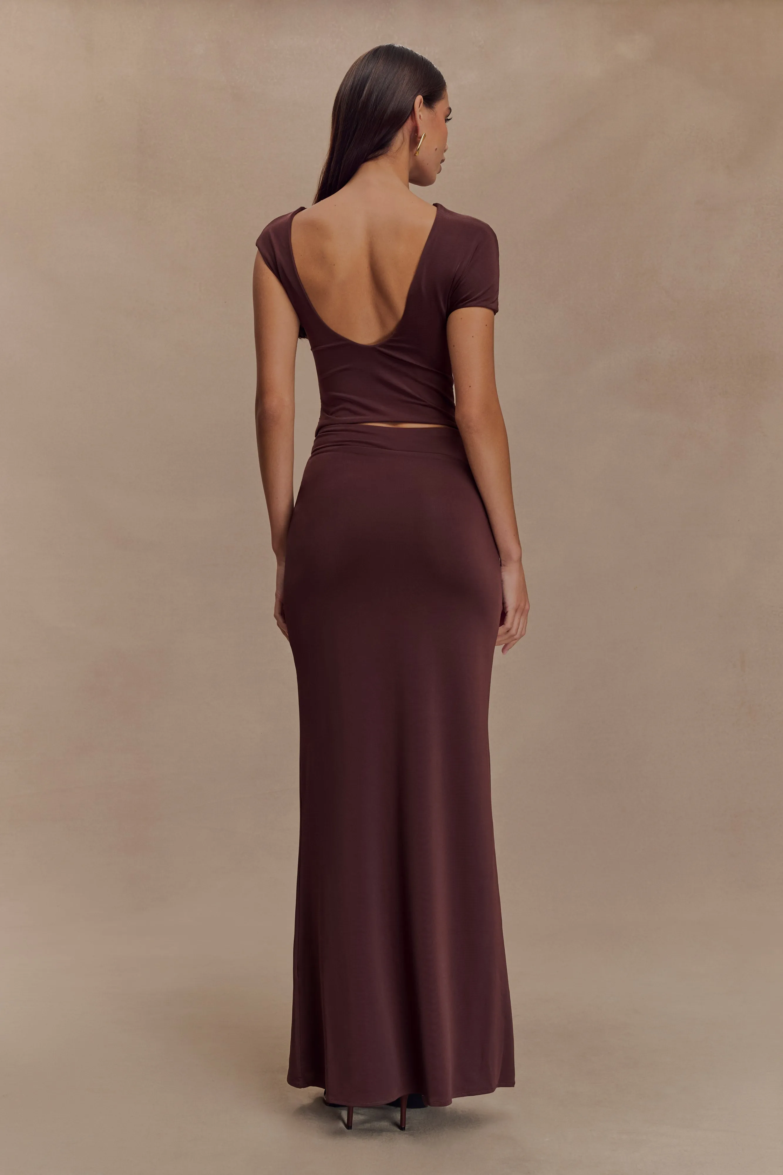 Haven Slinky Twist Midi Skirt - Chocolate sold by Meshki product image thumbnail 5