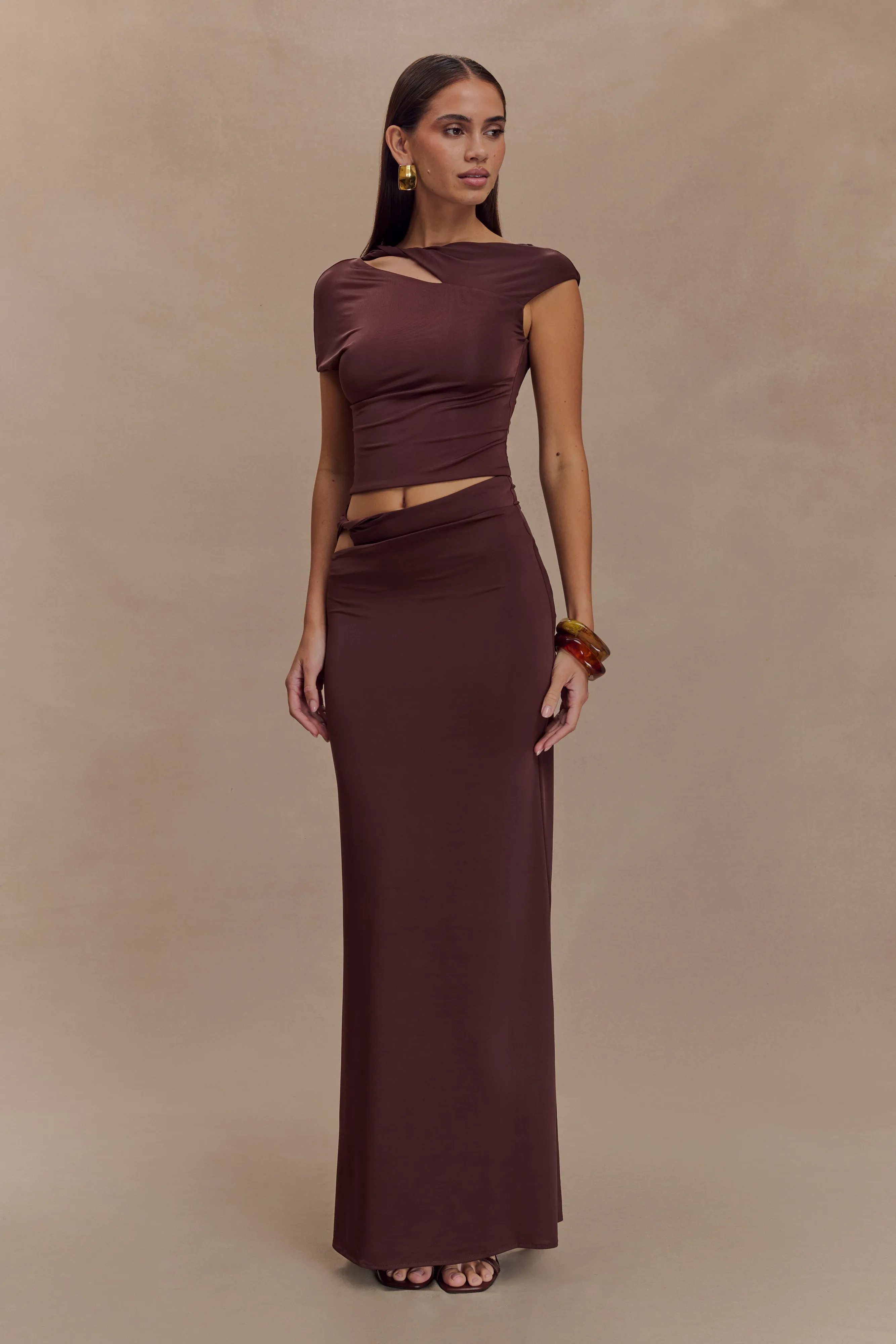 Haven Slinky Twist Midi Skirt - Chocolate sold by Meshki product image thumbnail 4