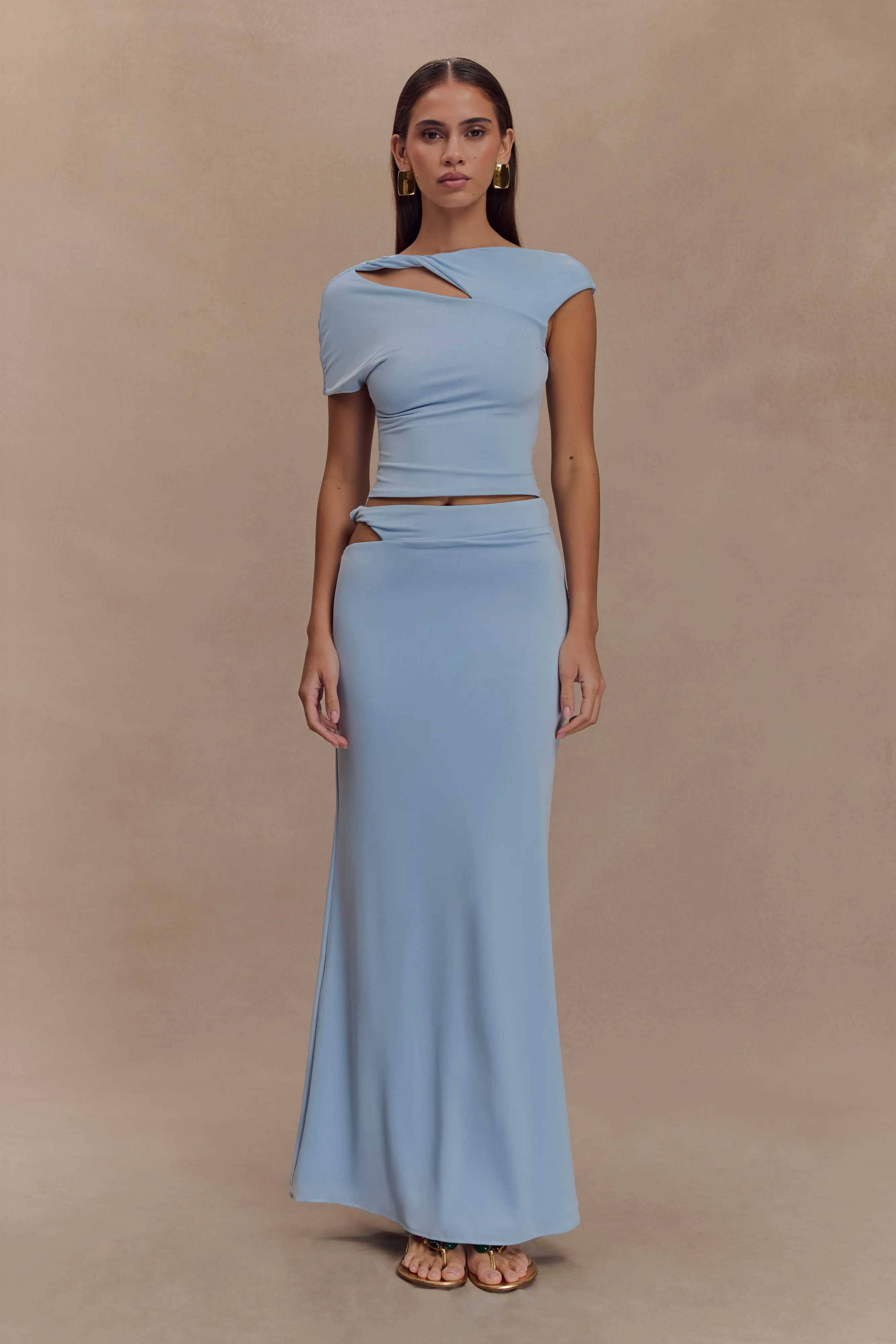 Haven Slinky Twist Midi Skirt - Pale Blue sold by Meshki