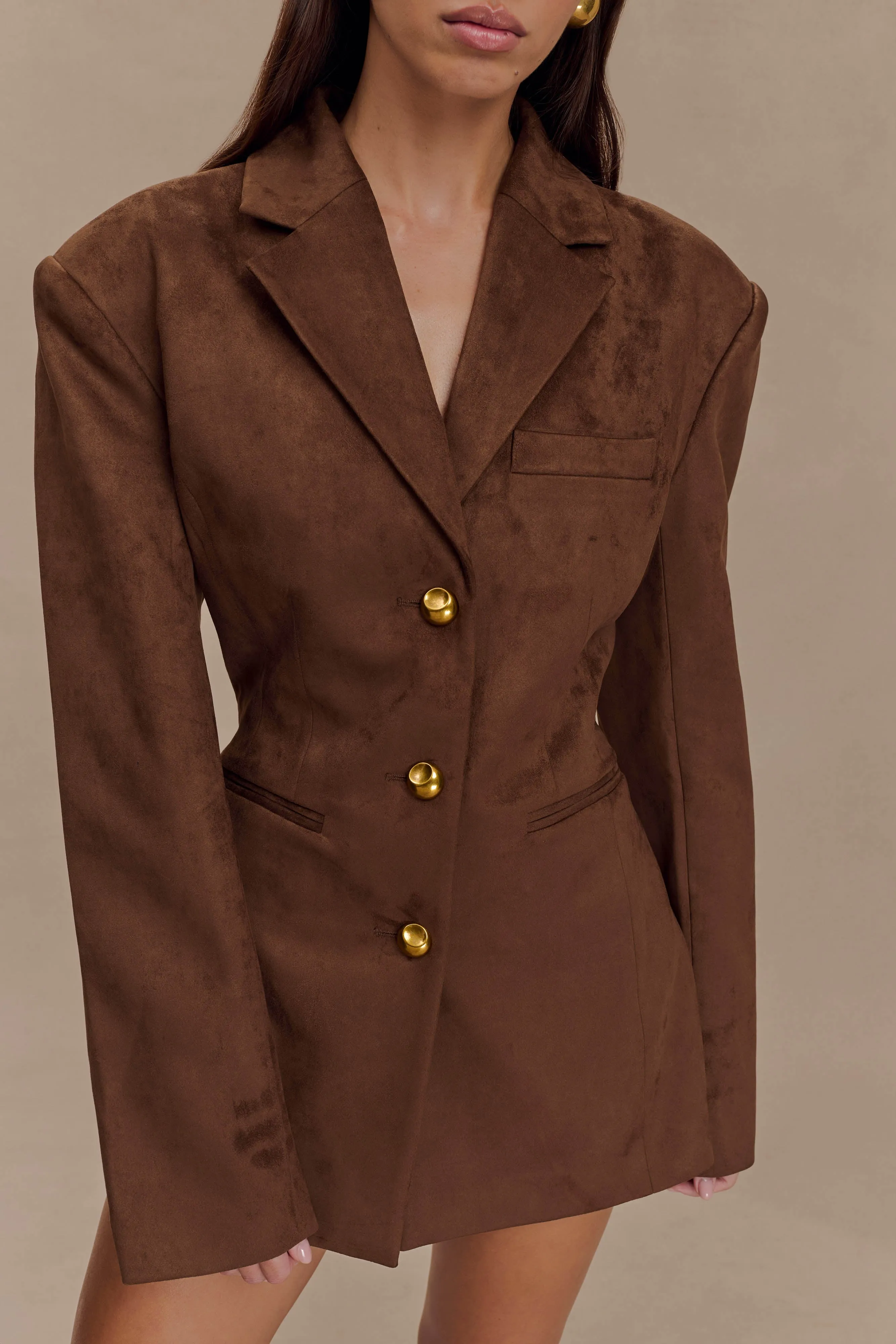 Sally Faux Suede Cinched Blazer - Milk Chocolate sold by Meshki product image thumbnail 2