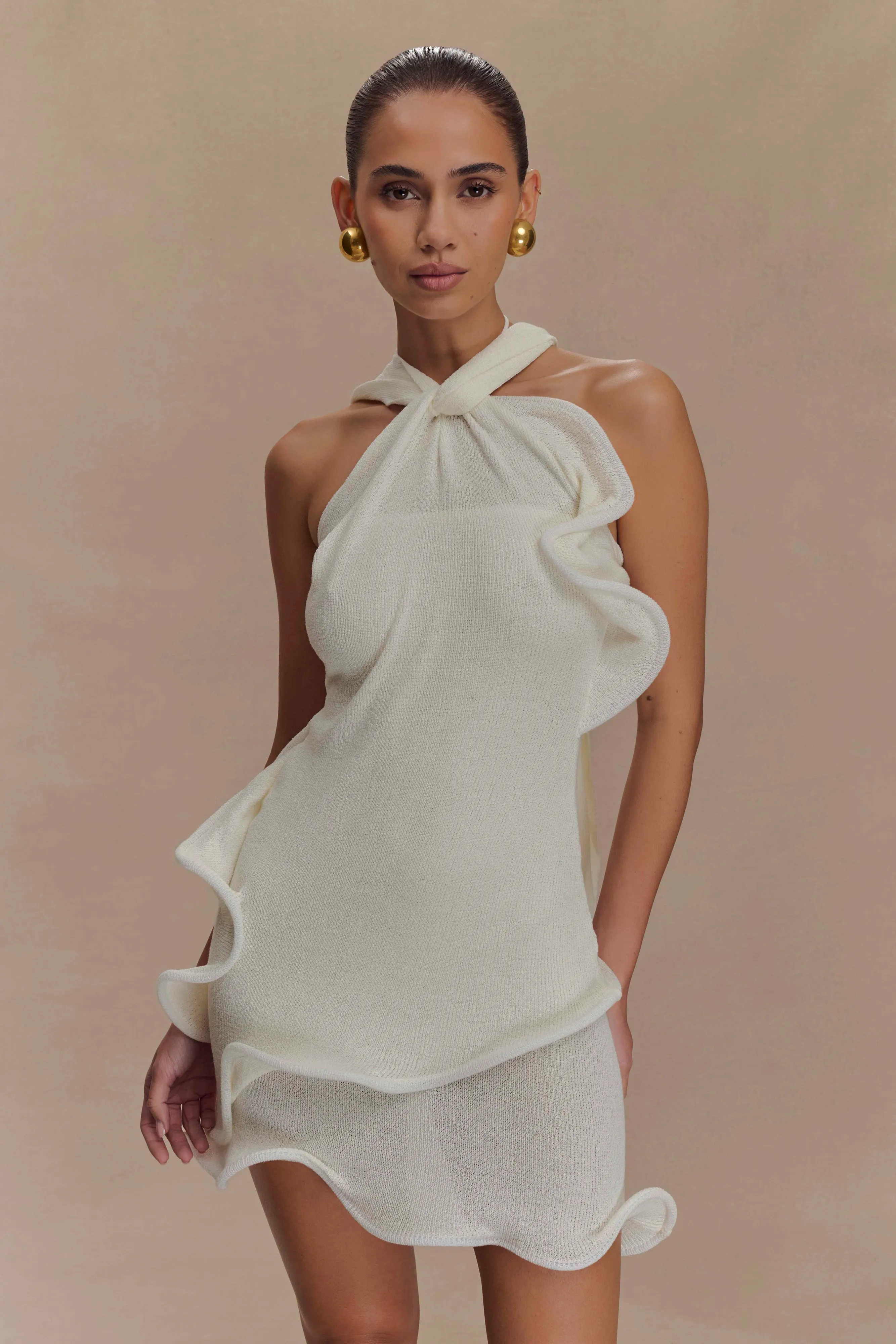 Caprice Halter Knit Mini Dress - White sold by Meshki