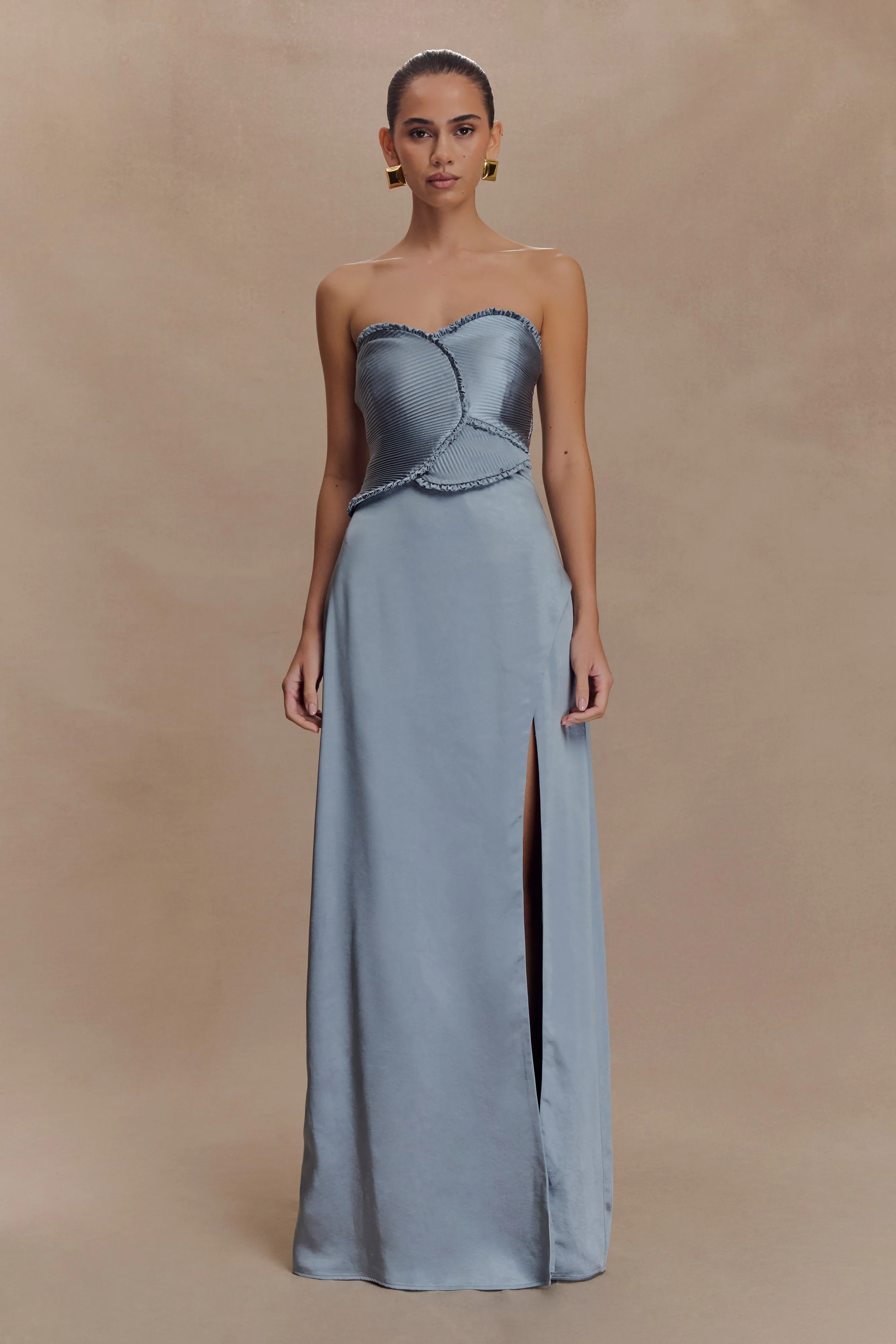 Larissa Satin Maxi Dress With Ruched Petals - Frosted Blue sold by Meshki
