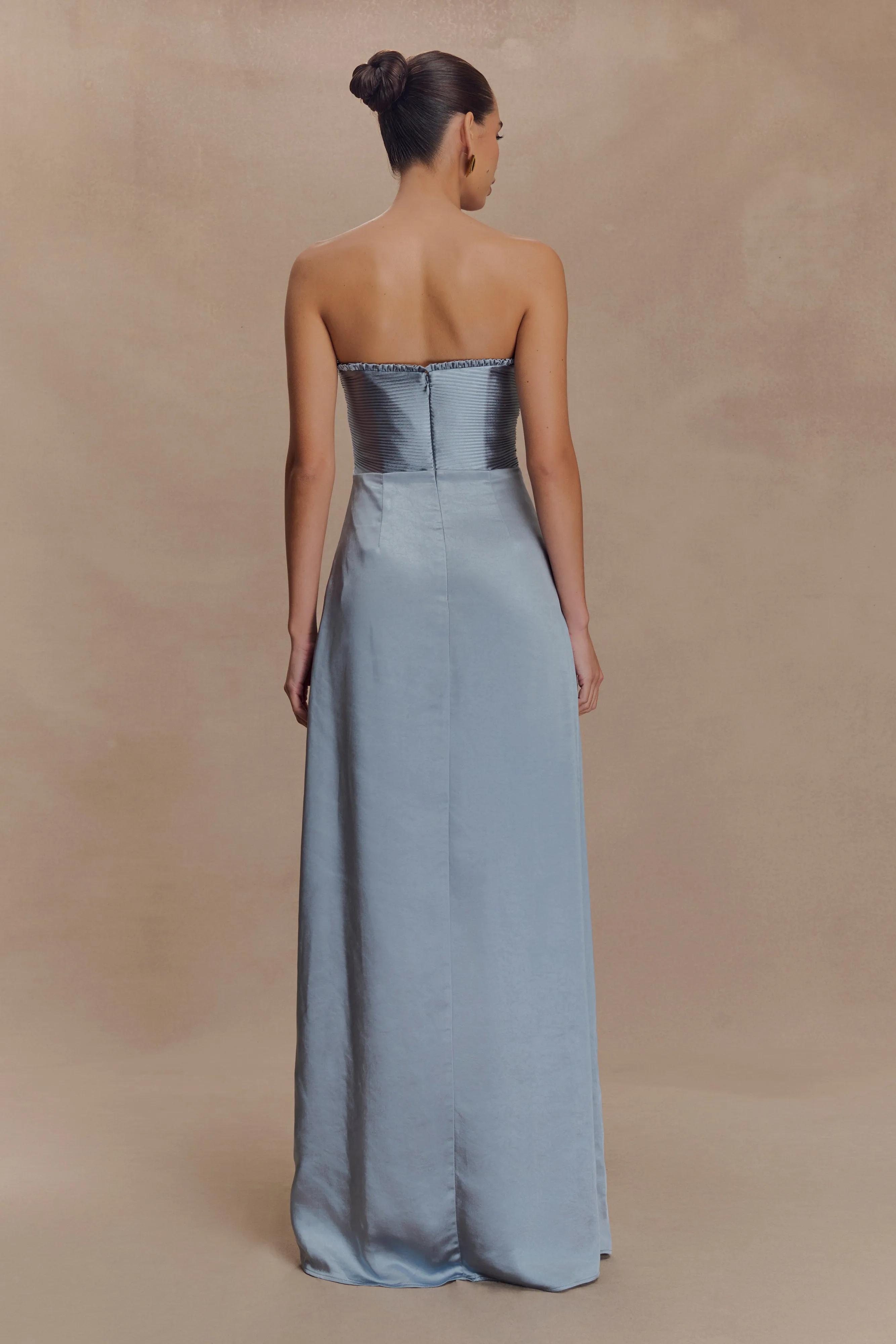 Larissa Satin Maxi Dress With Ruched Petals - Frosted Blue sold by Meshki product image thumbnail 2