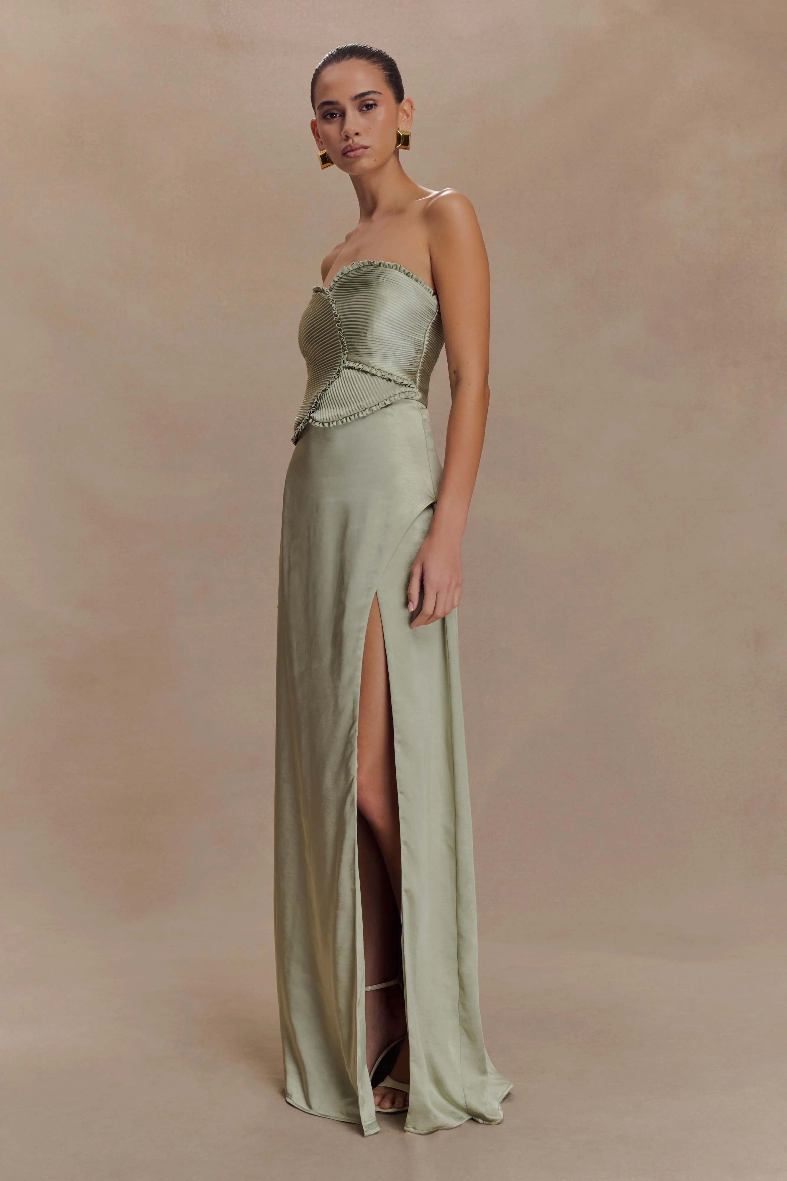 Larissa Satin Maxi Dress With Ruched Petals - Sage sold by Meshki product image thumbnail 4