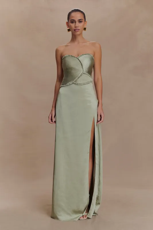 Larissa Satin Maxi Dress With Ruched Petals - Sage sold by Meshki