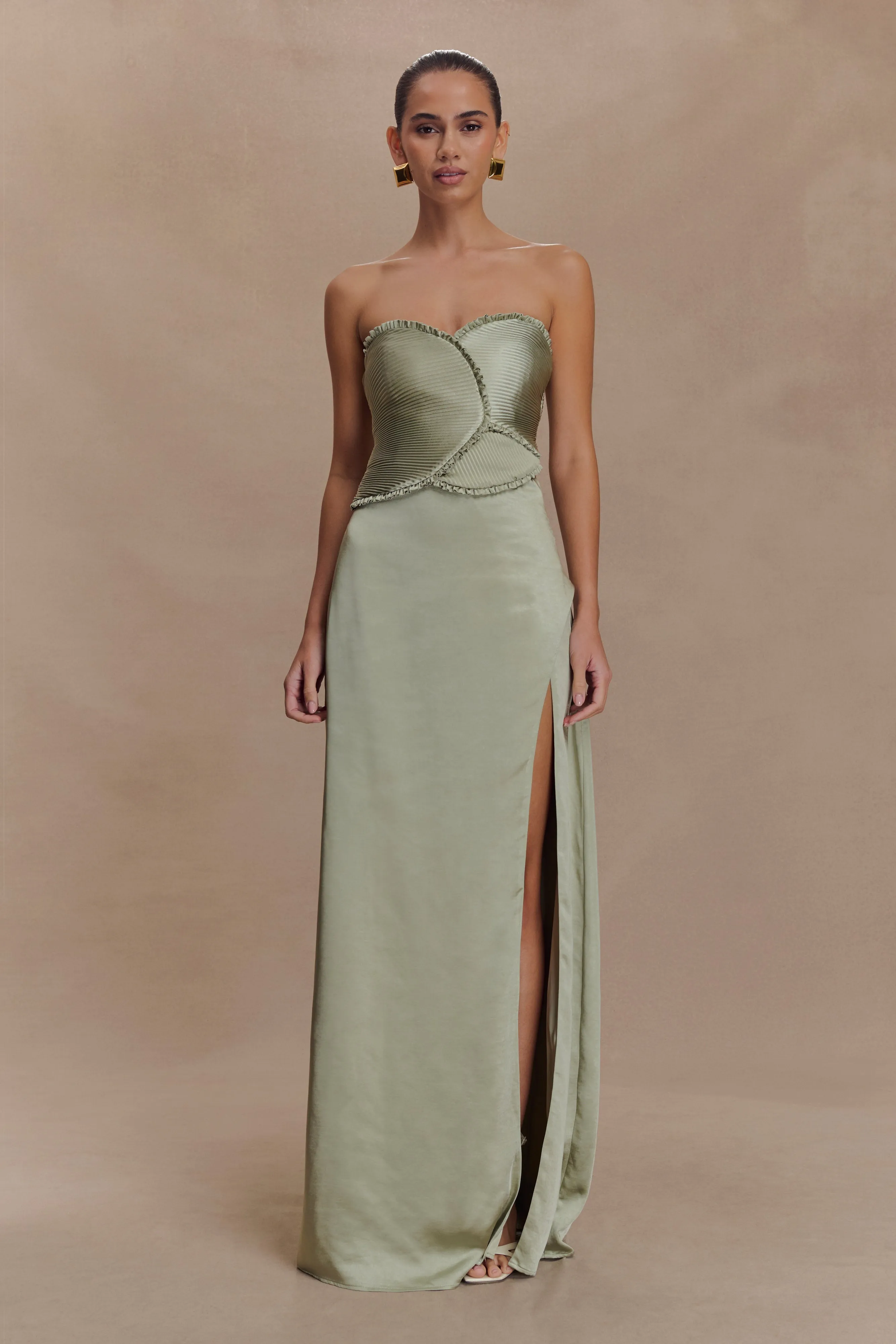 Larissa Satin Maxi Dress With Ruched Petals - Sage sold by Meshki