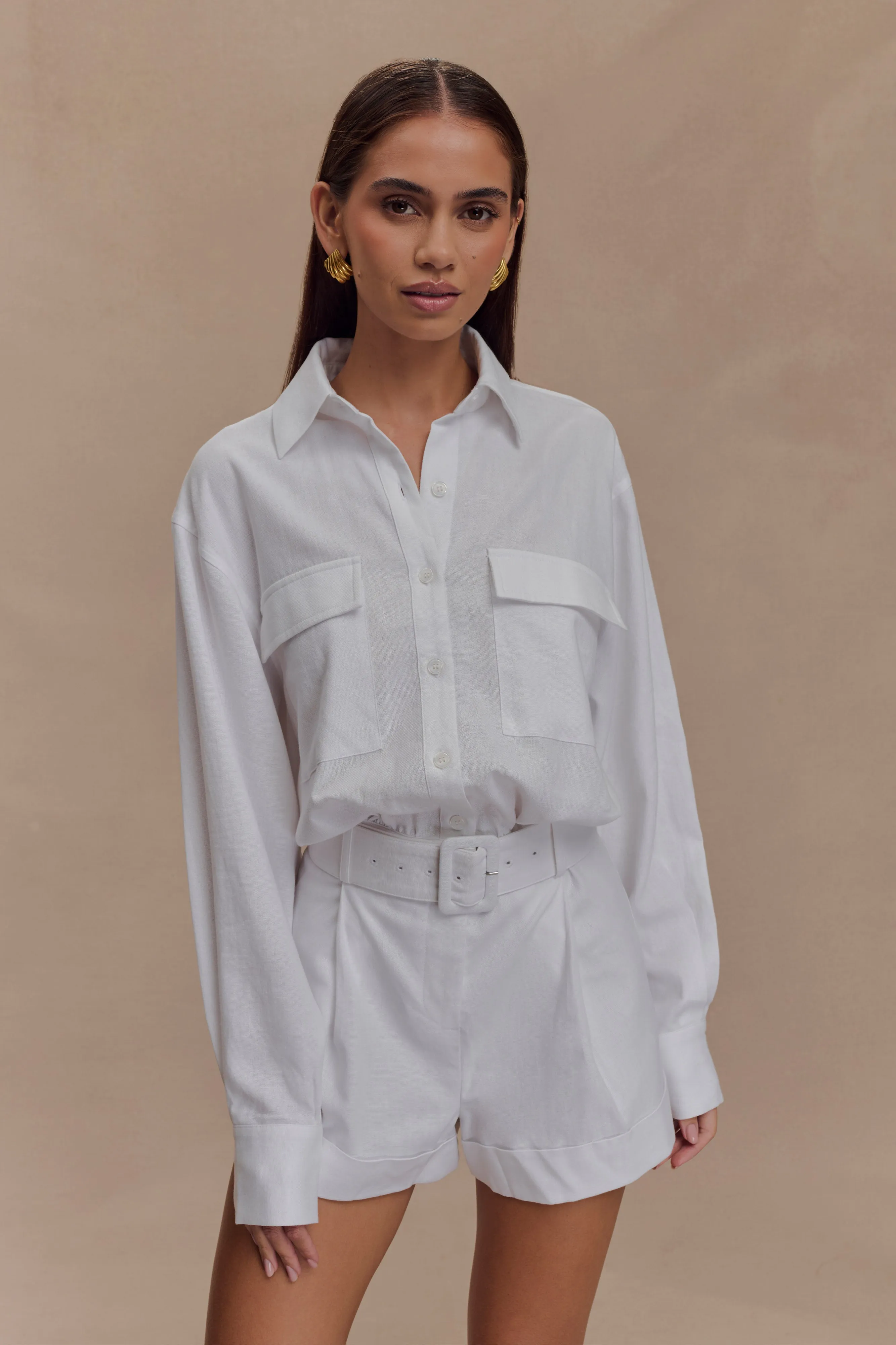 Adia Linen Belted Playsuit - White sold by Meshki