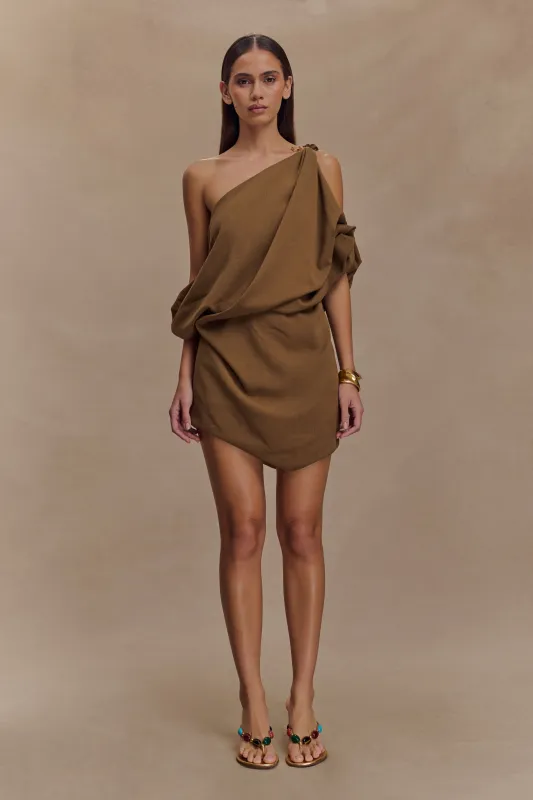 Gabriella Draped Mini Dress - Light Brown Marle sold by Meshki