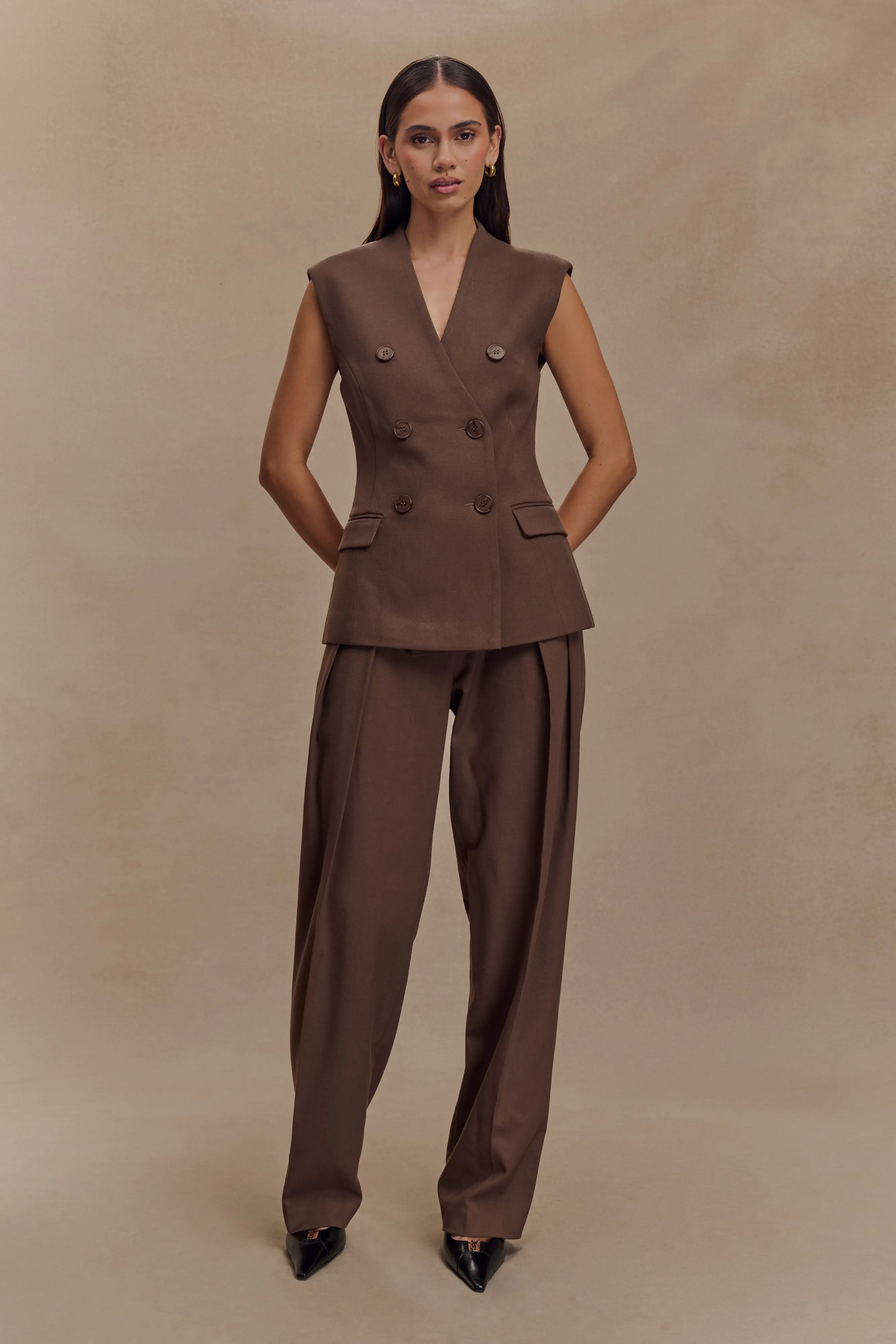 Penelope Pleated High Waisted Pants - Chocolate sold by Meshki product image thumbnail 3