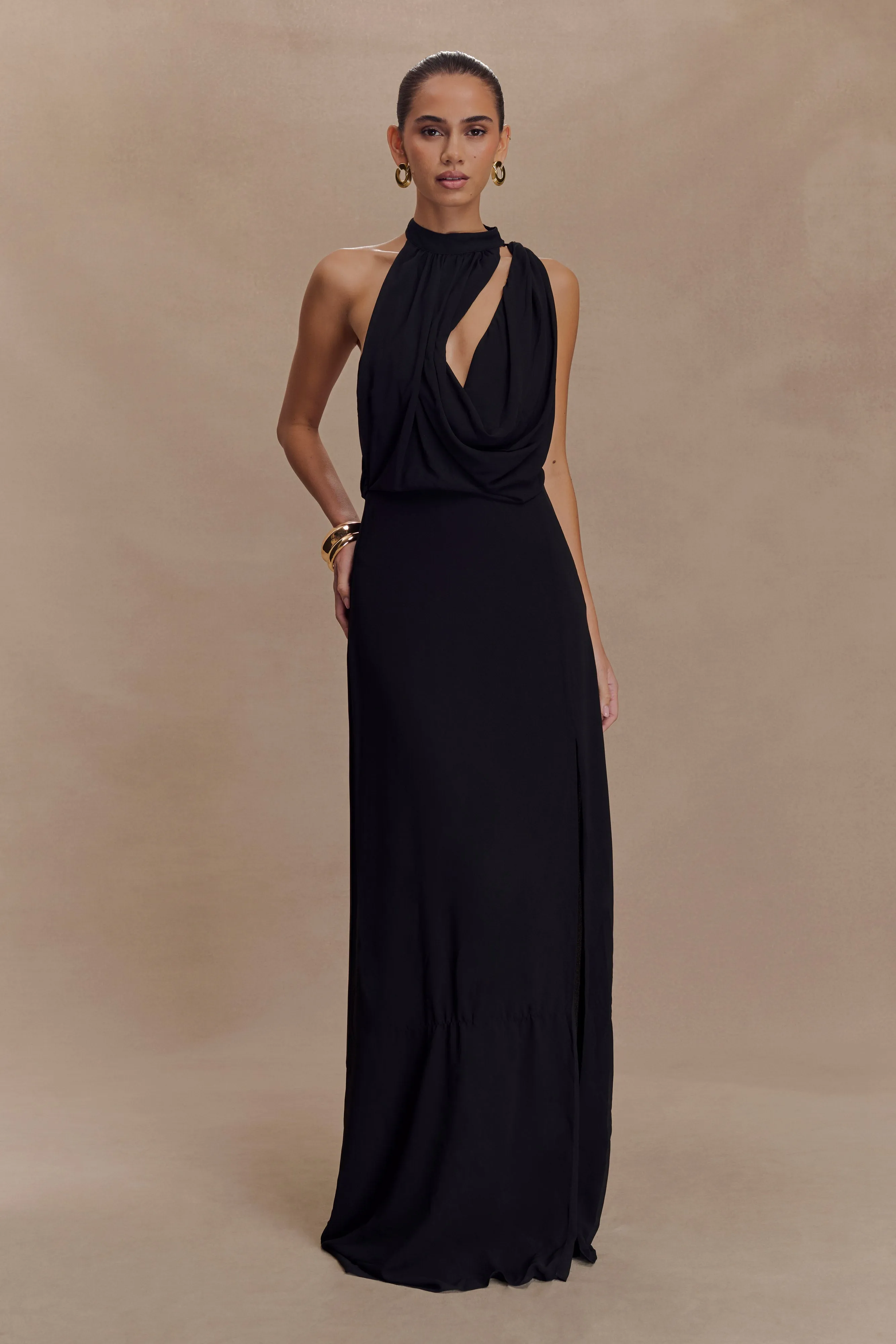 Galia Cowl Neck Maxi Dress - Black sold by Meshki