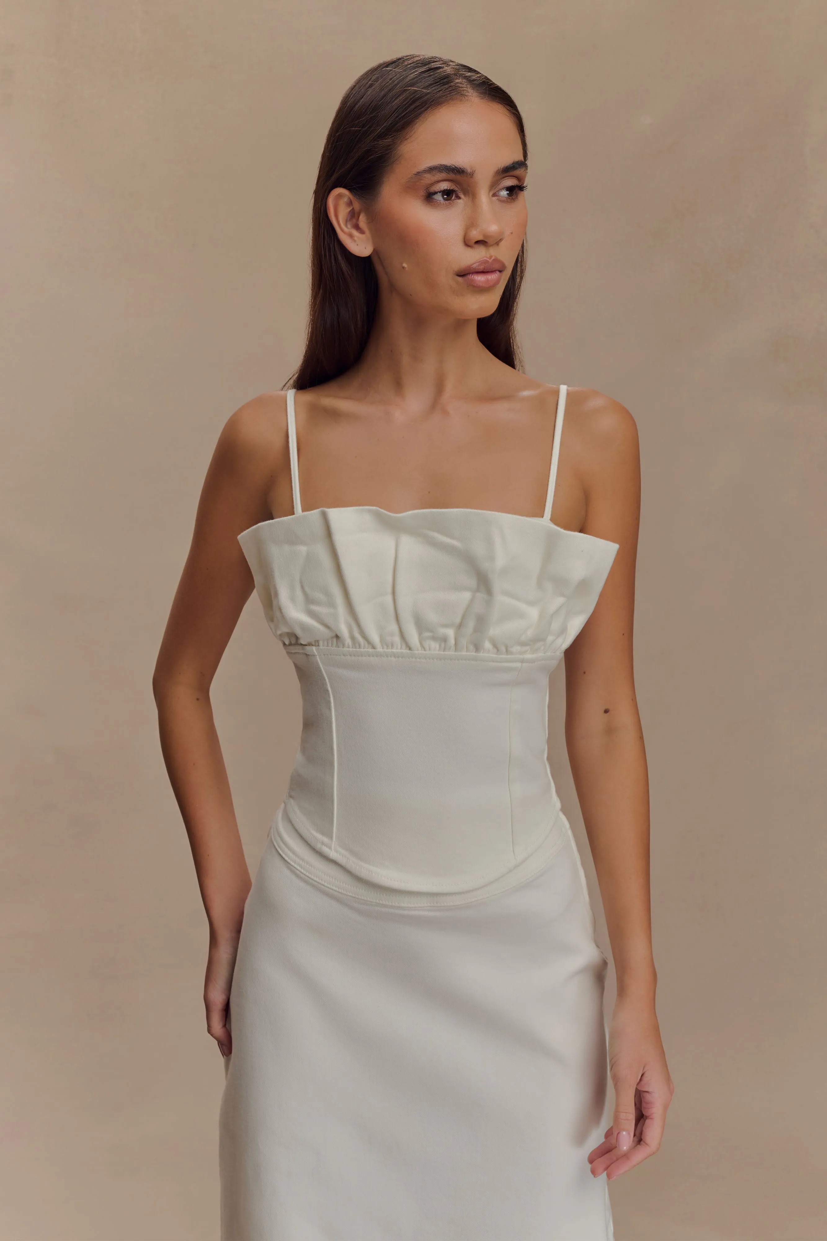 Cecilia Denim Frill Corset - White sold by Meshki