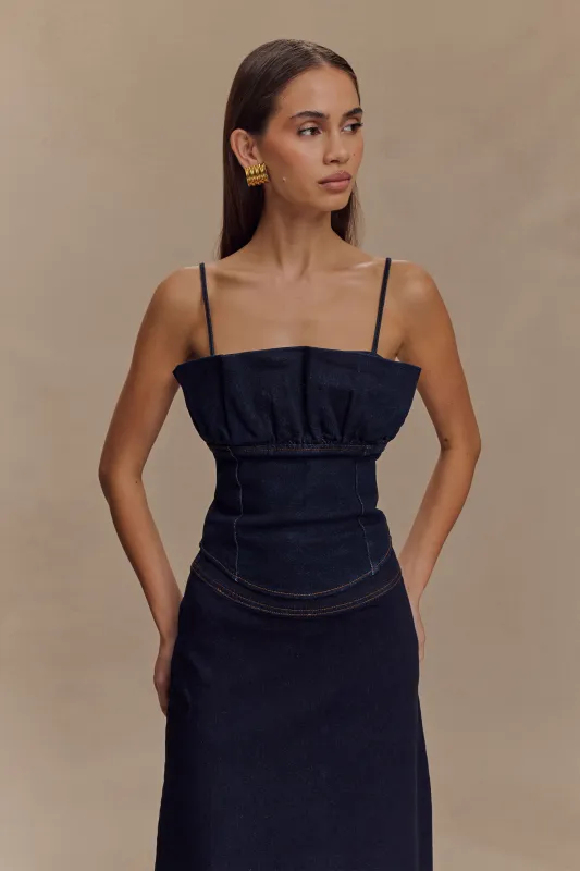Cecilia Denim Frill Corset - Indigo Blue sold by Meshki