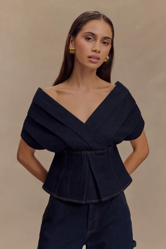 Rayne Off Shoulder Denim Top - Indigo Blue sold by Meshki