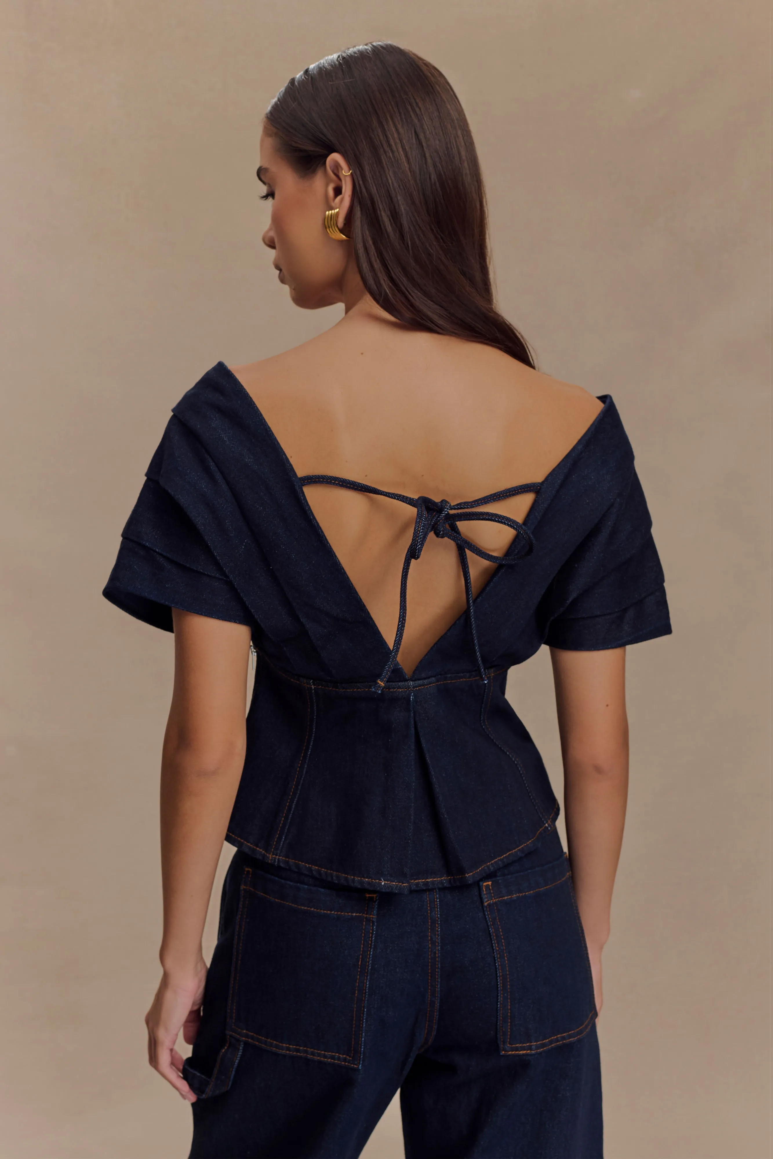 Rayne Off Shoulder Denim Top - Indigo Blue sold by Meshki product image thumbnail 2