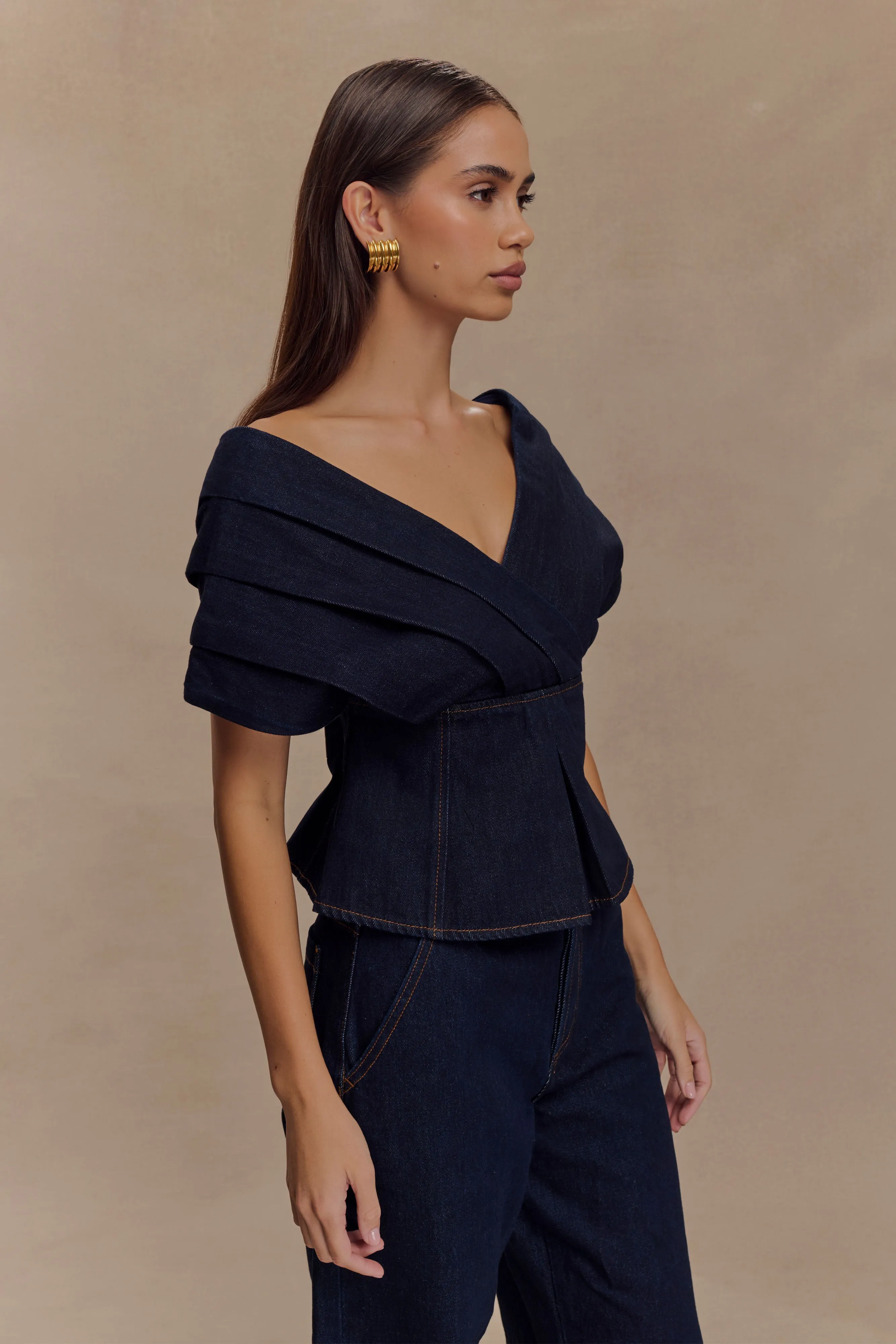 Rayne Off Shoulder Denim Top - Indigo Blue sold by Meshki product image thumbnail 4