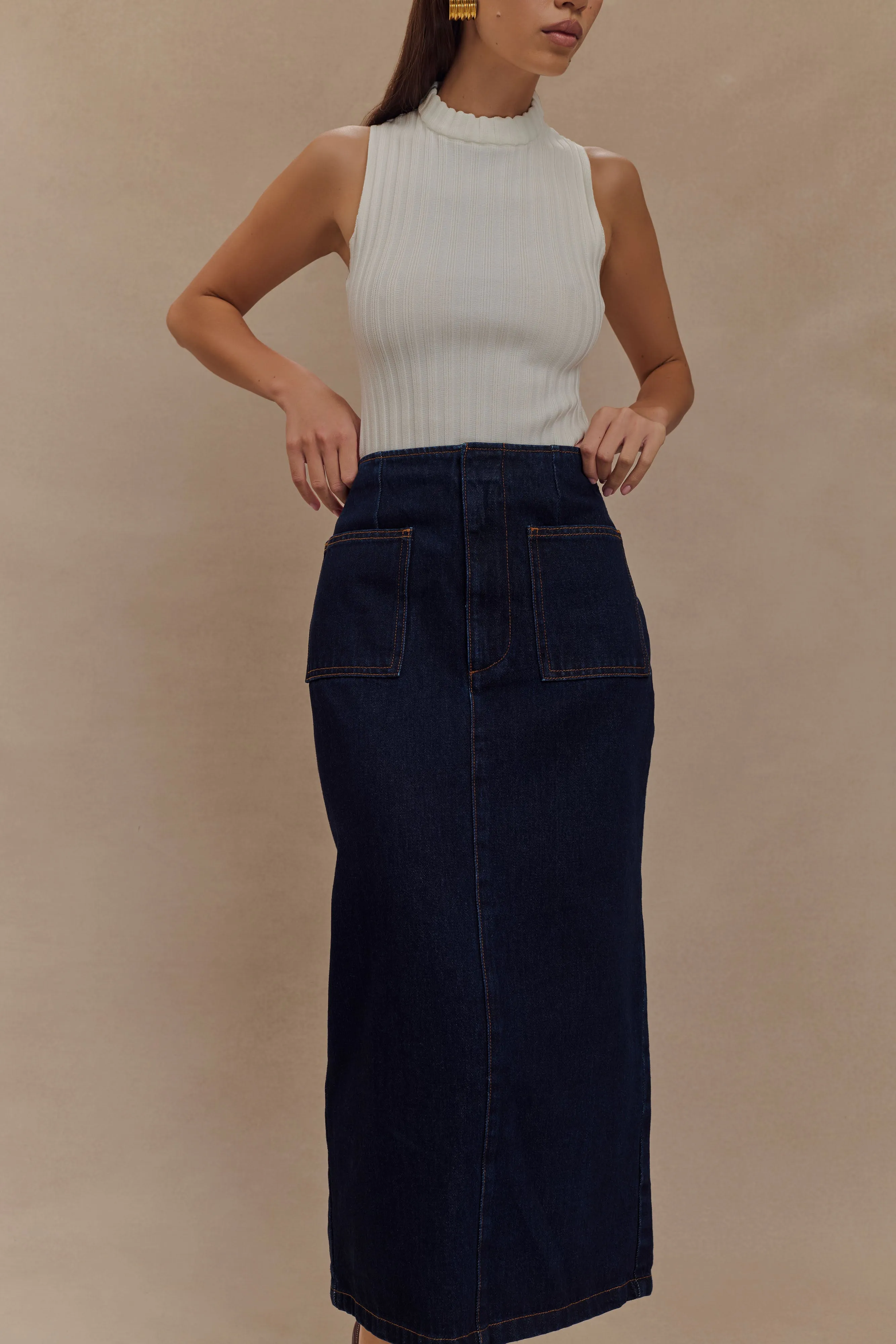 Fallon Denim Midi Skirt - Indigo Blue sold by Meshki product image thumbnail 3