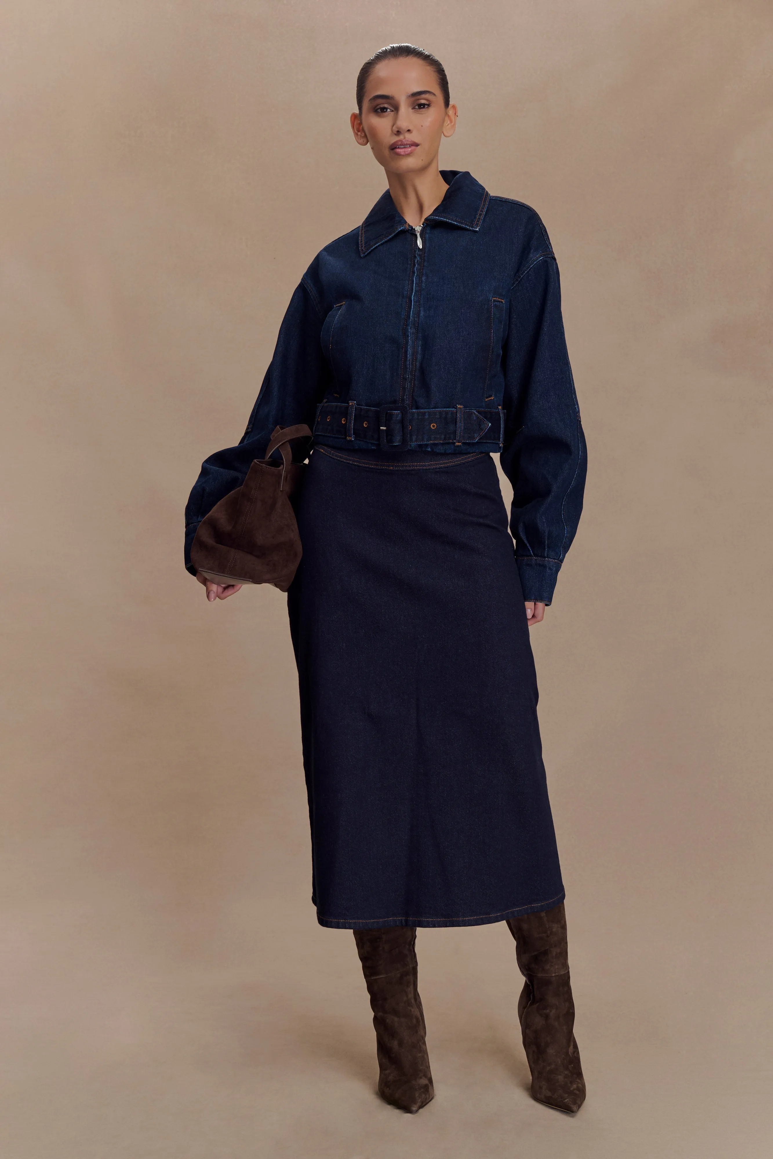 Fallon Cropped Denim Jacket - Indigo Blue sold by Meshki