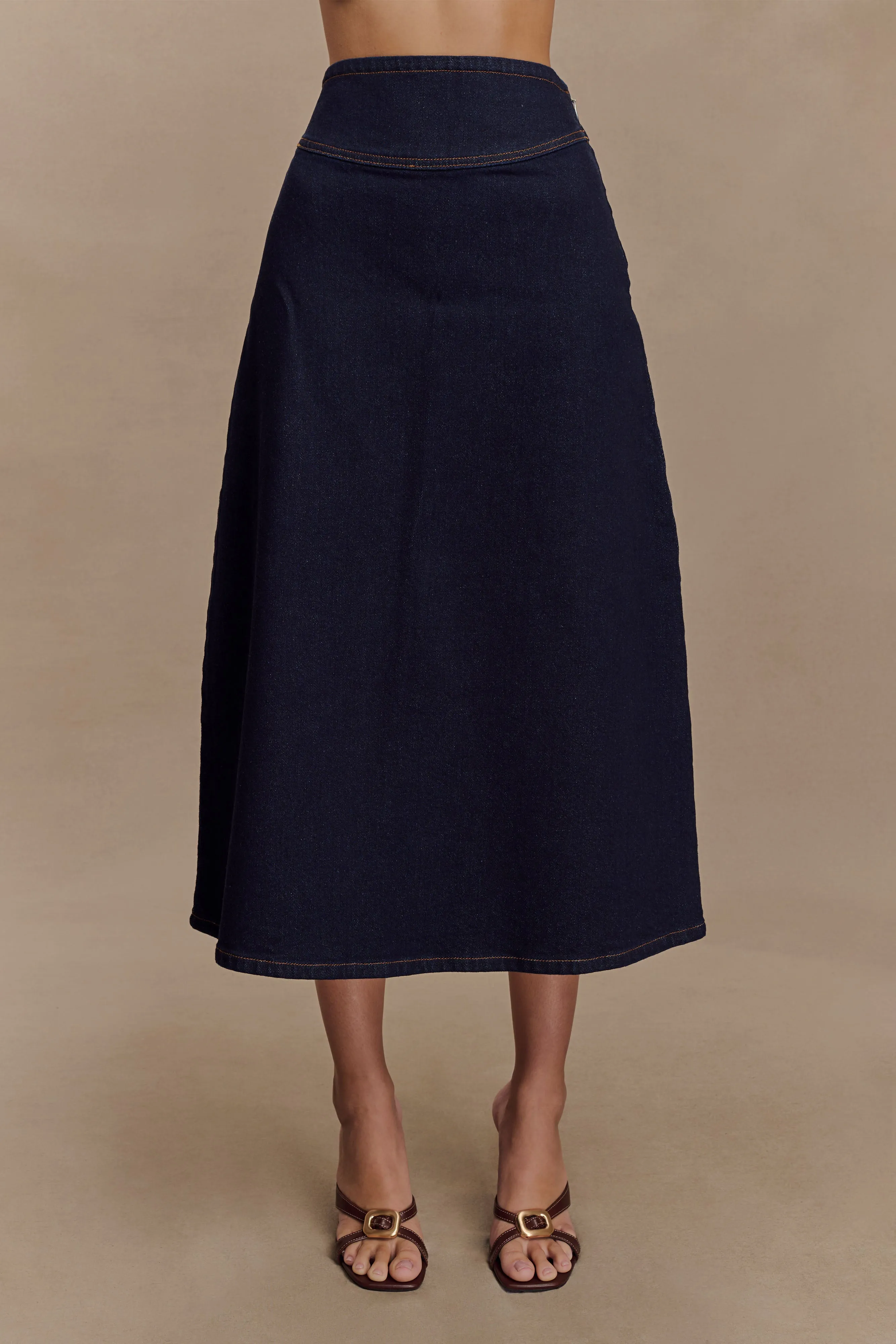 Cecilia Denim A-Line Midi Skirt - Indigo Blue sold by Meshki