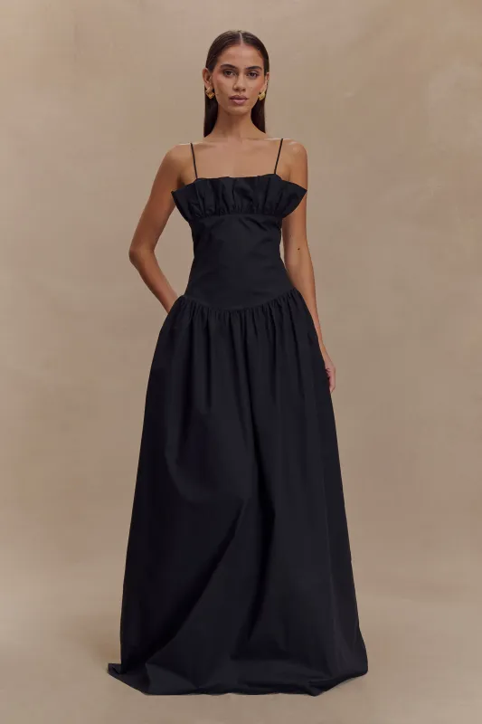 Janis Cotton Frill Maxi Dress - Black sold by Meshki