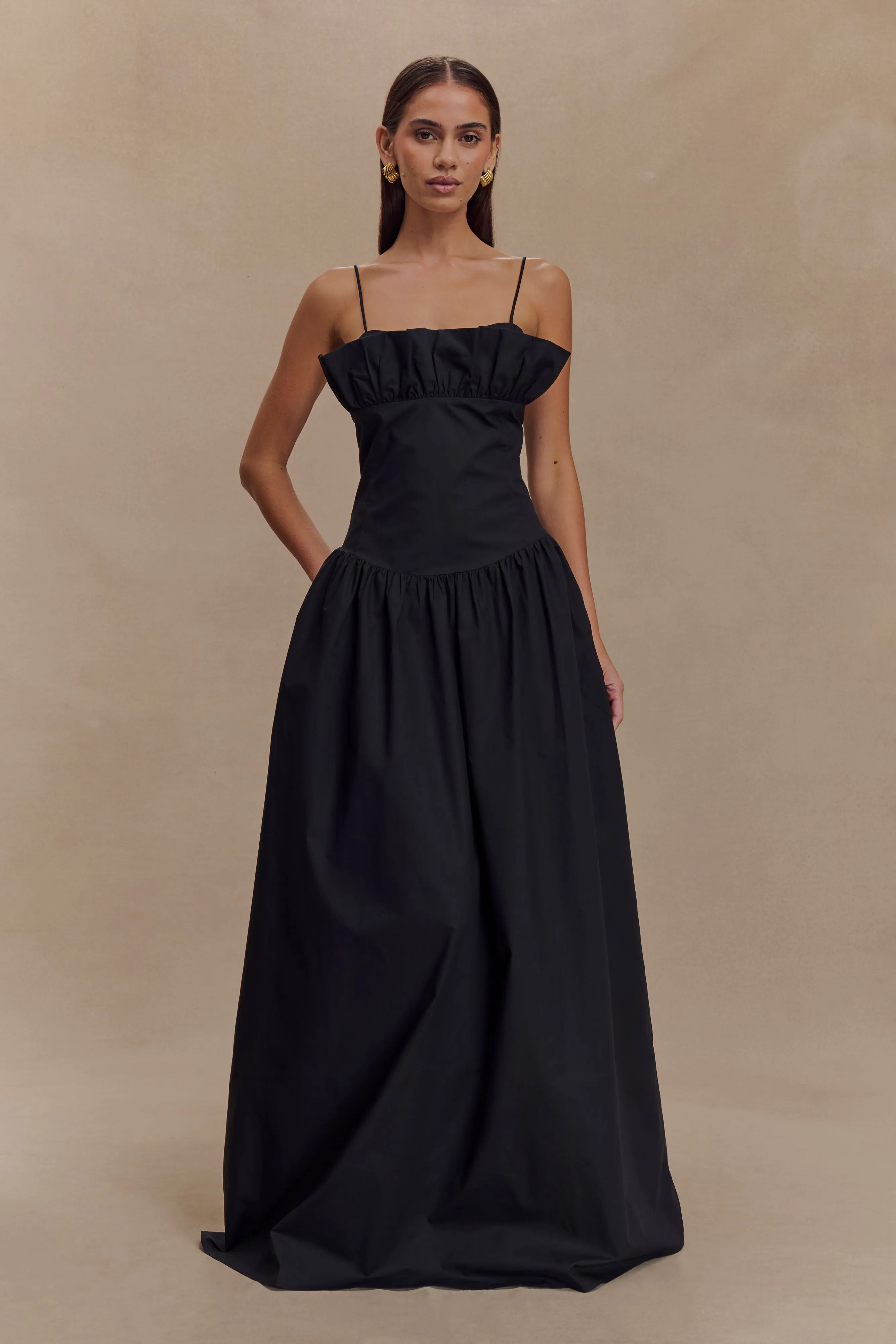Janis Cotton Frill Maxi Dress - Black sold by Meshki