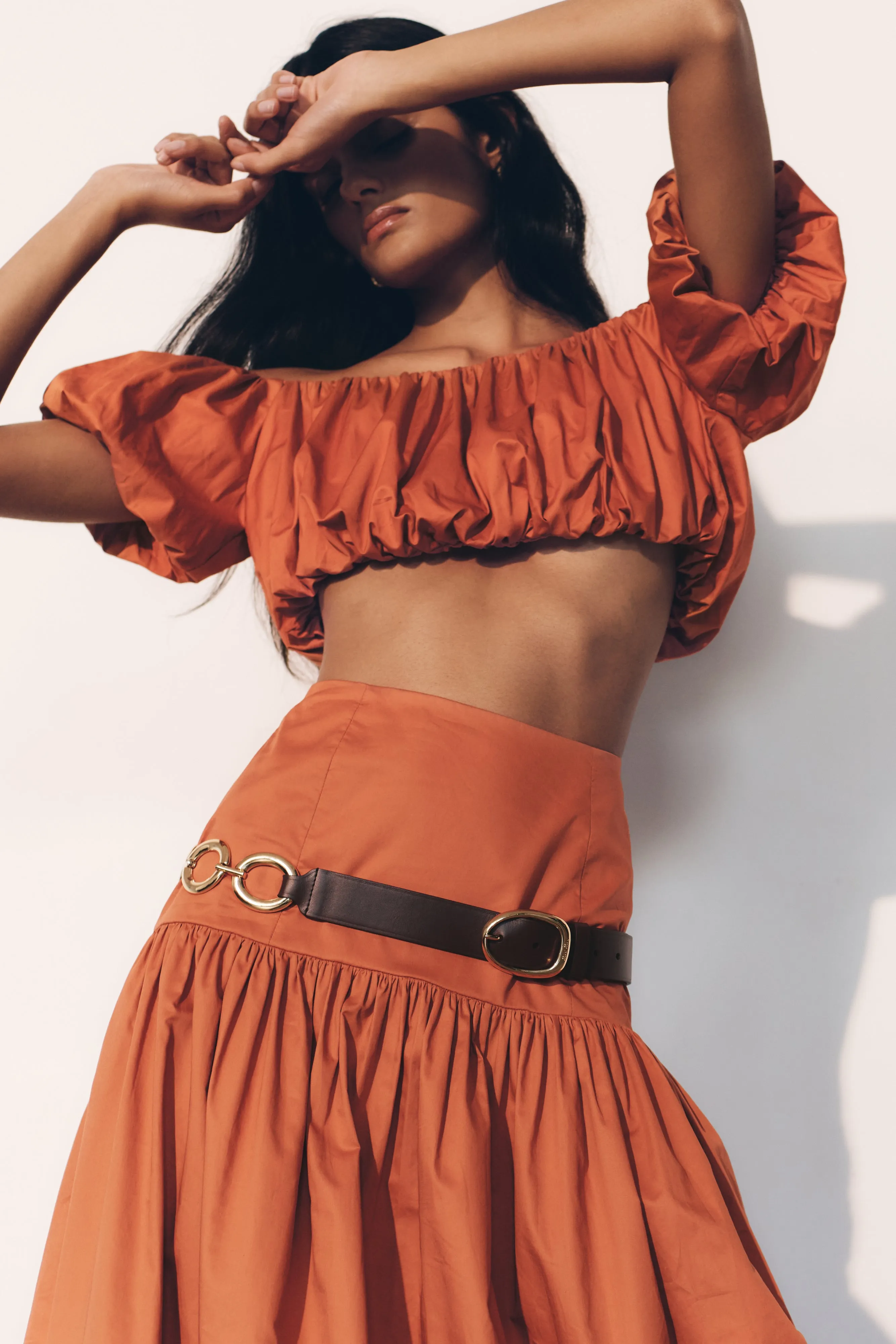 Autumn Off Shoulder Bubble Top - Burnt Orange sold by Meshki