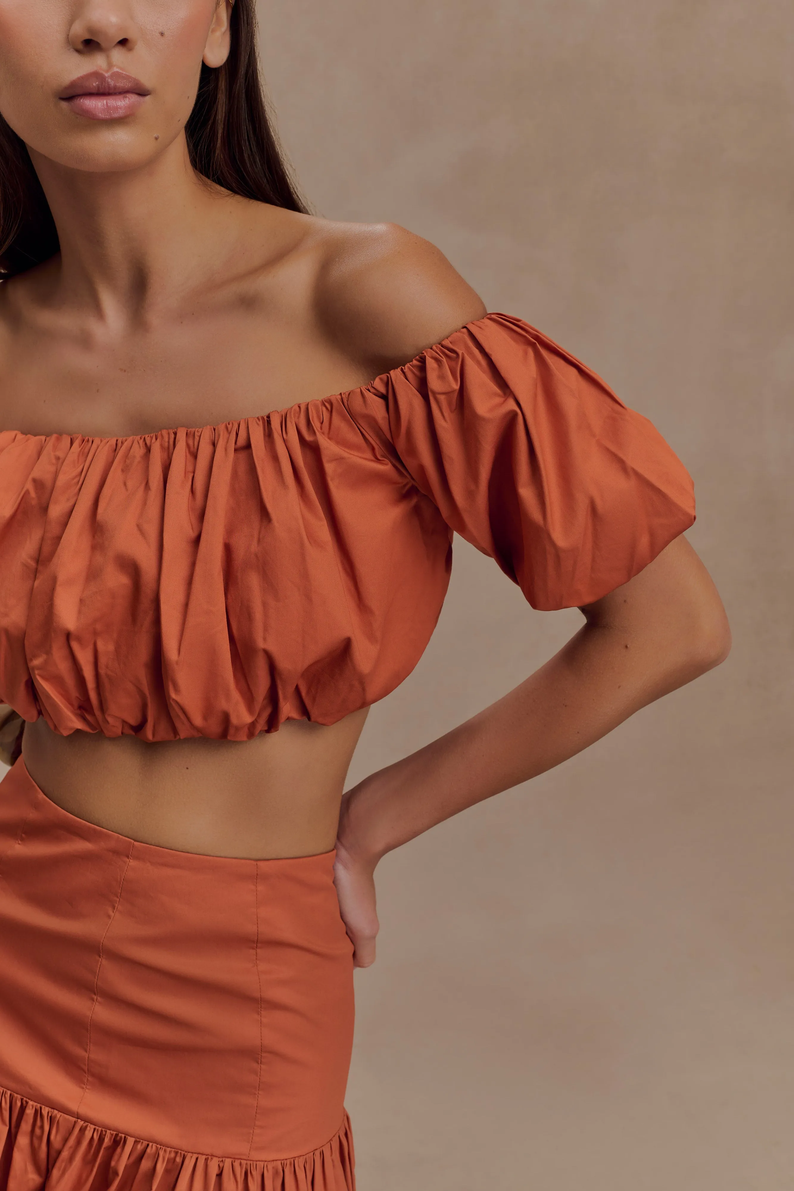 Autumn Off Shoulder Bubble Top - Burnt Orange sold by Meshki product image thumbnail 4