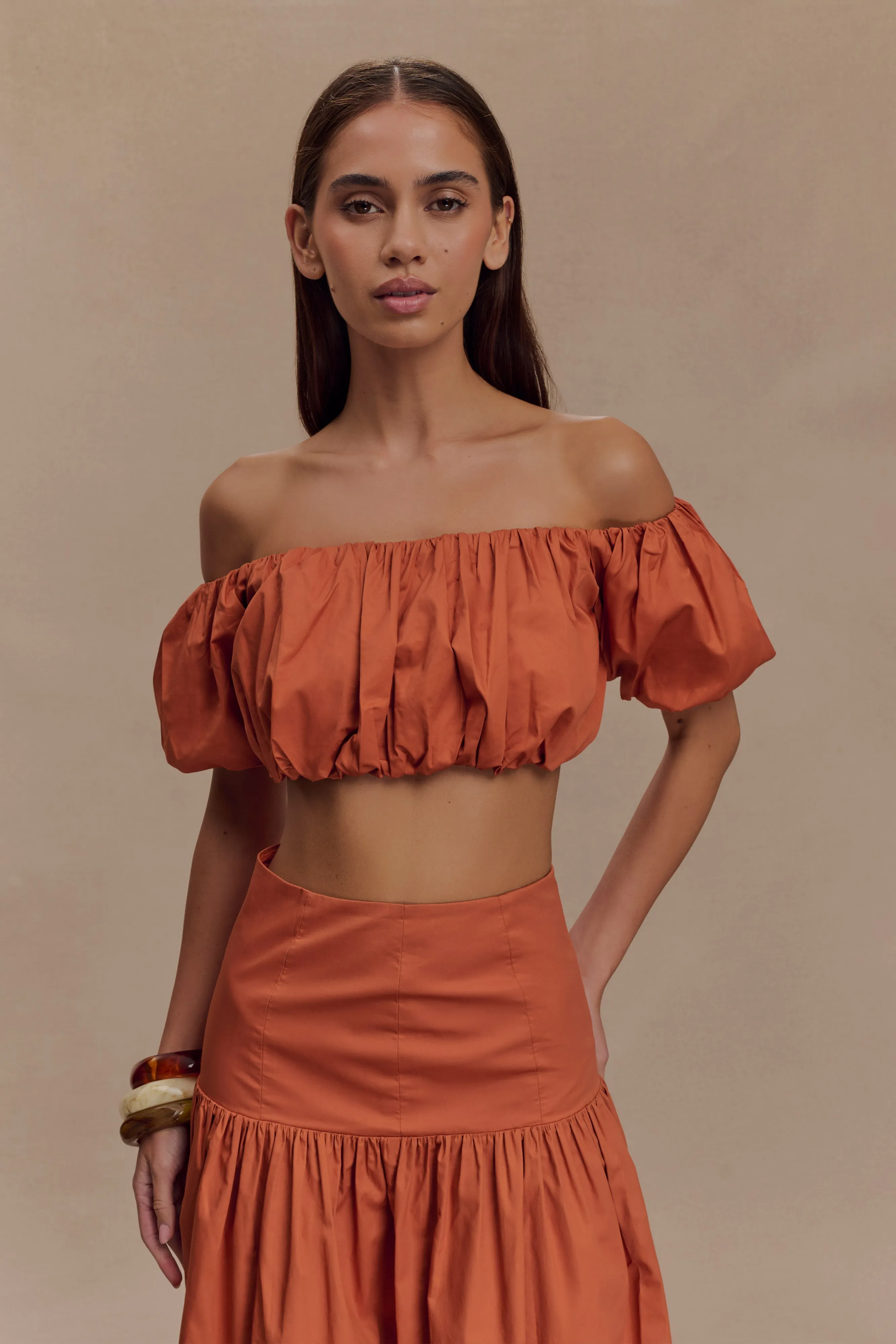 Autumn Off Shoulder Bubble Top - Burnt Orange sold by Meshki product image thumbnail 2