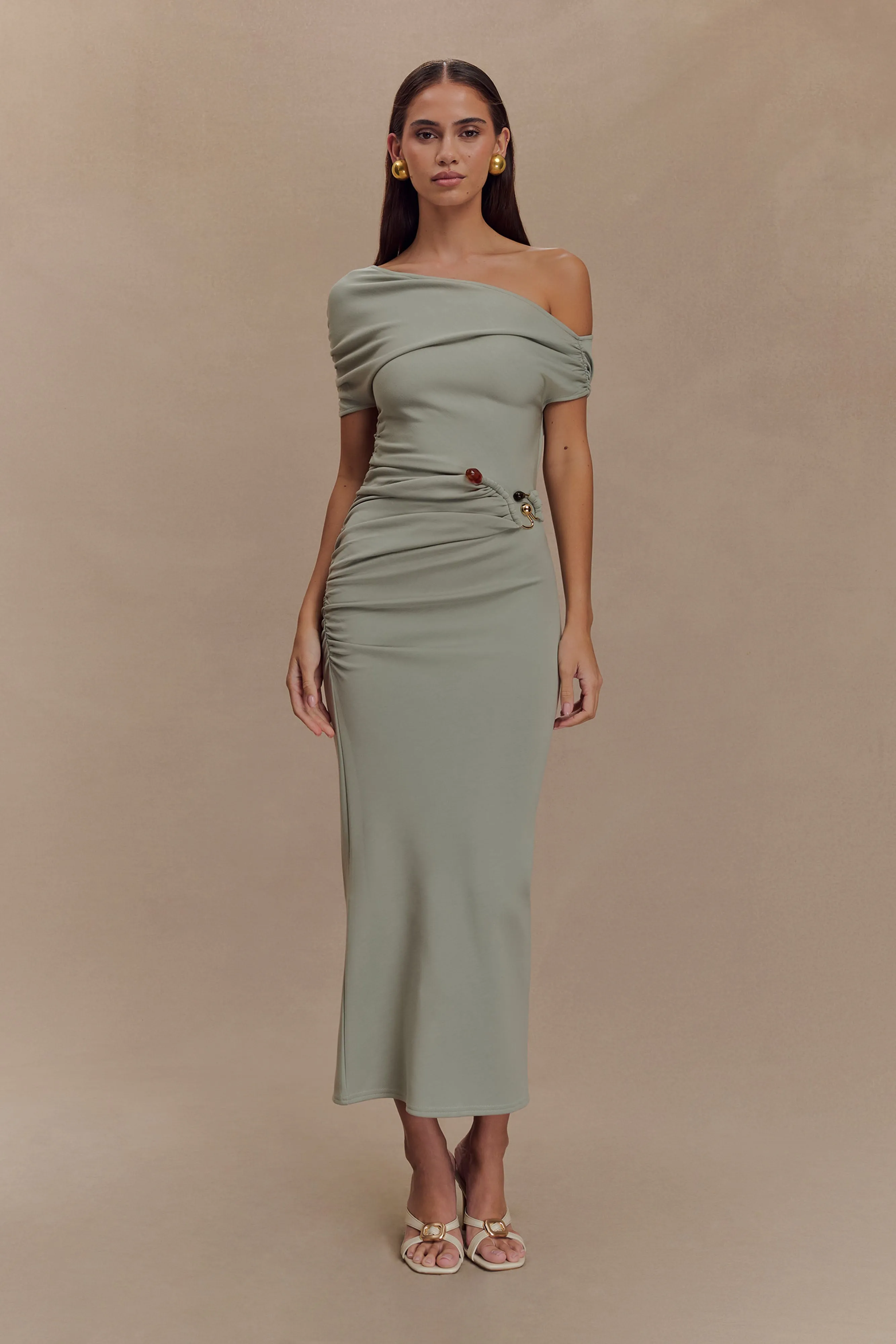 Kendra Scuba Jersey Midi Dress With Hardware - Sage sold by Meshki