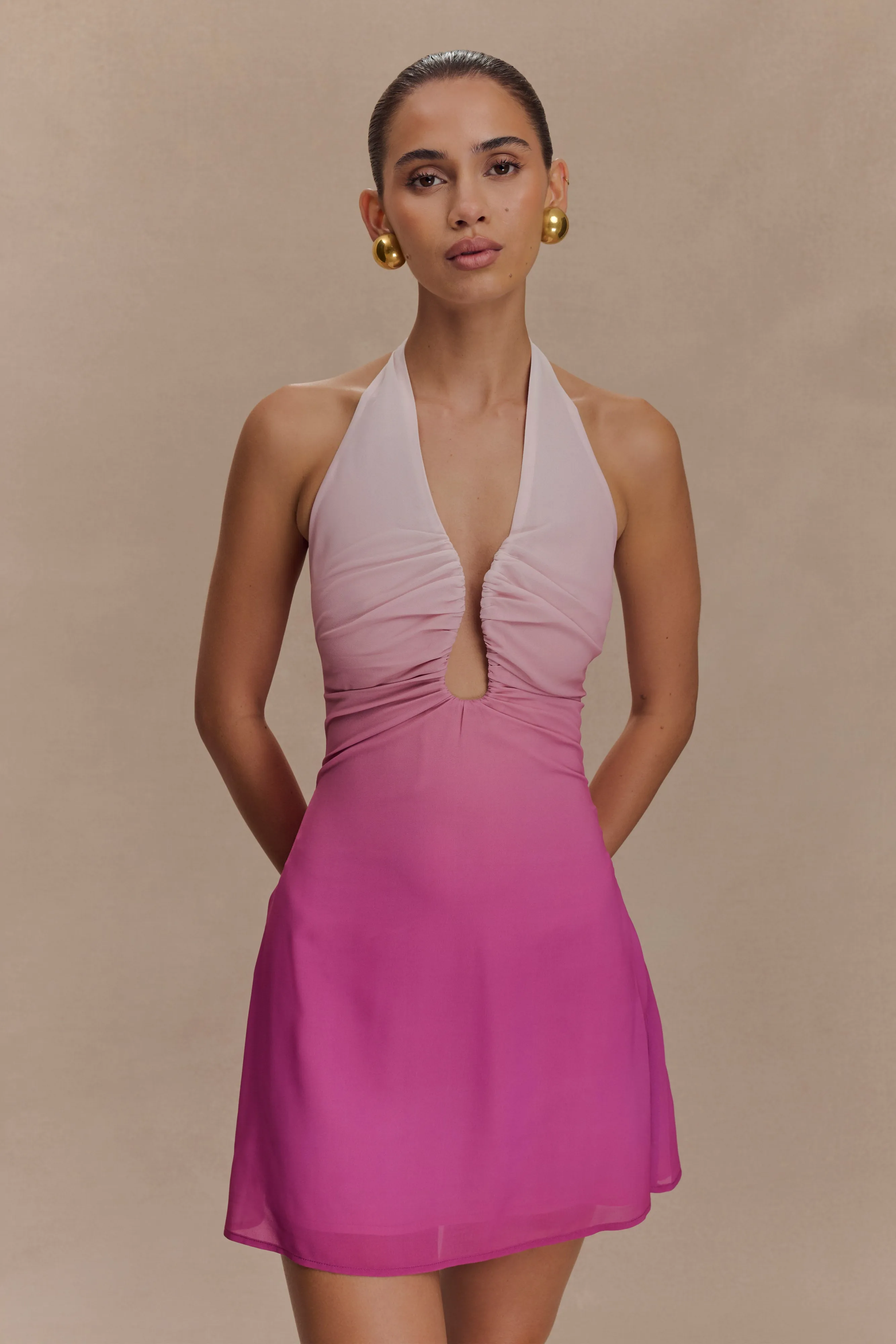 Malakhai Chiffon Halter Mini Dress - Ombre Pink sold by Meshki