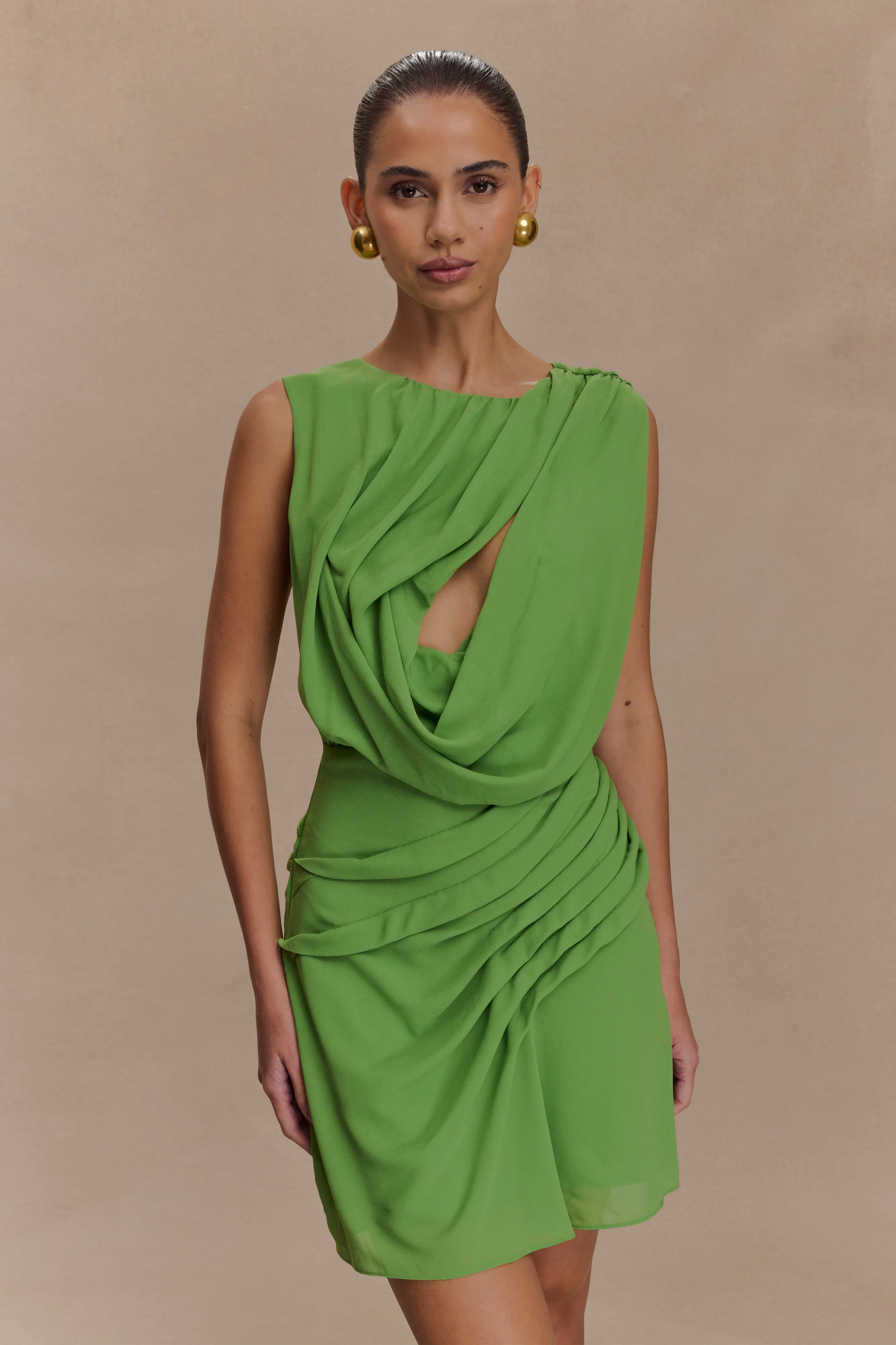 Oria Chiffon Mini Dress - Green sold by Meshki