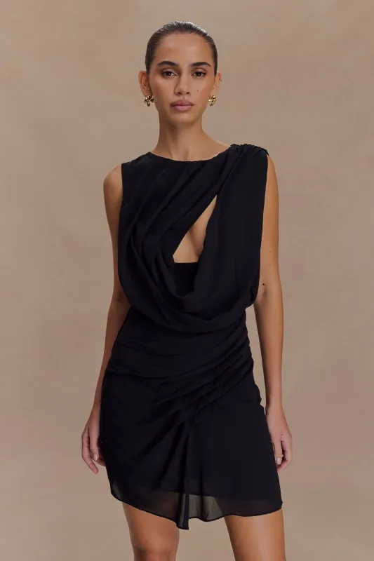 Oria Chiffon Mini Dress - Black sold by Meshki