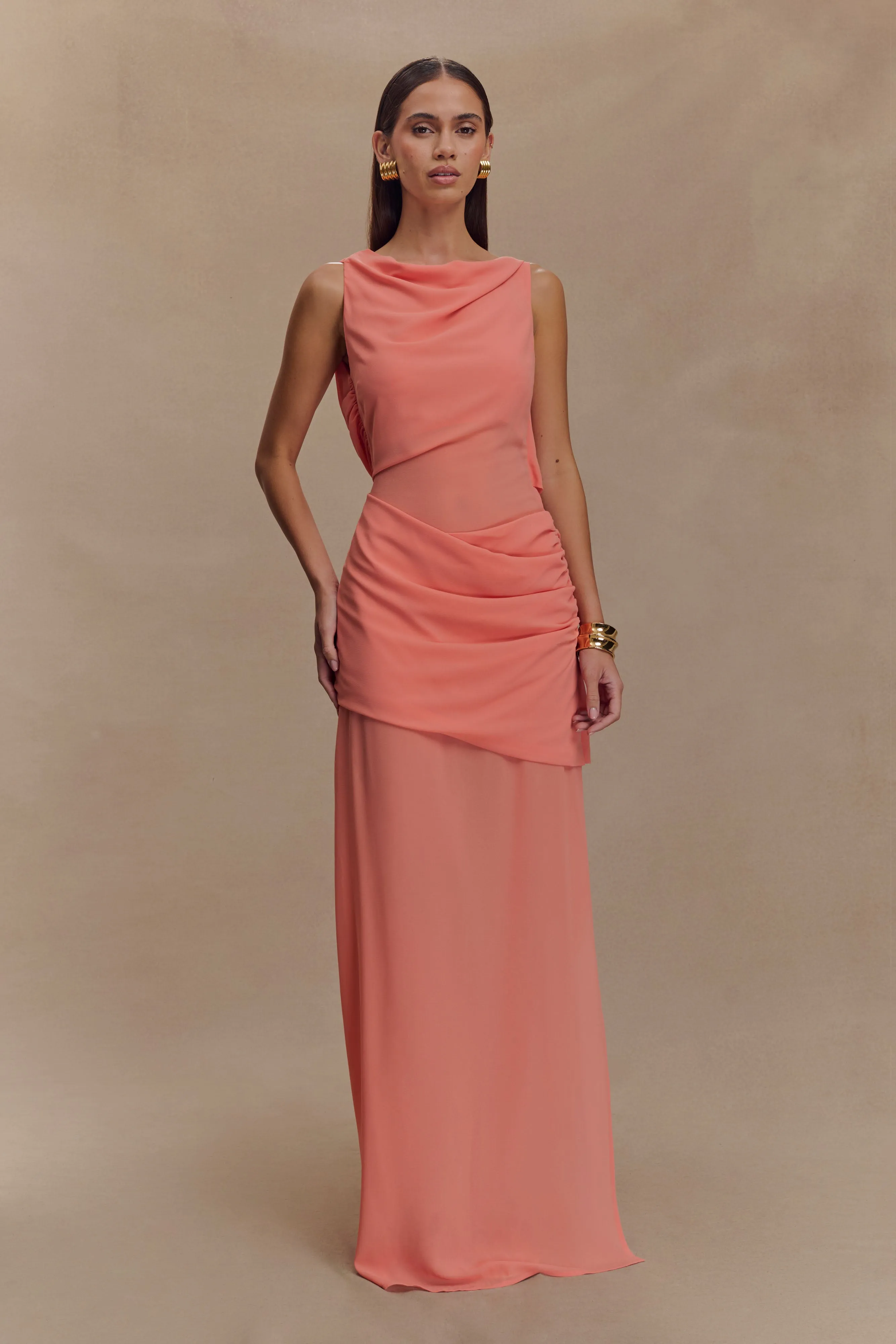 Daria Draped Chiffon Maxi Dress - Pastel Nectarine sold by Meshki