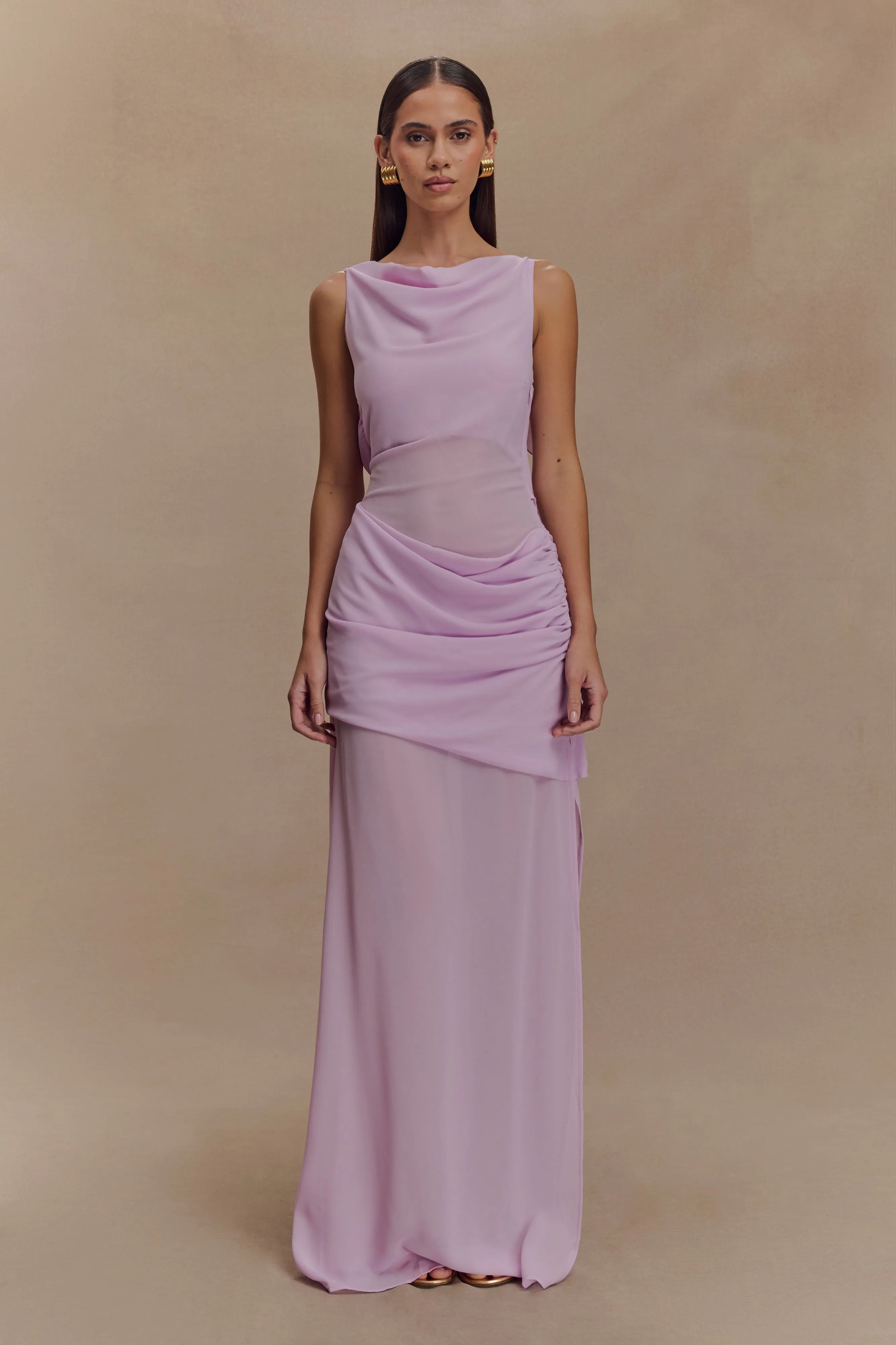 Daria Draped Chiffon Maxi Dress - Light Lilac sold by Meshki