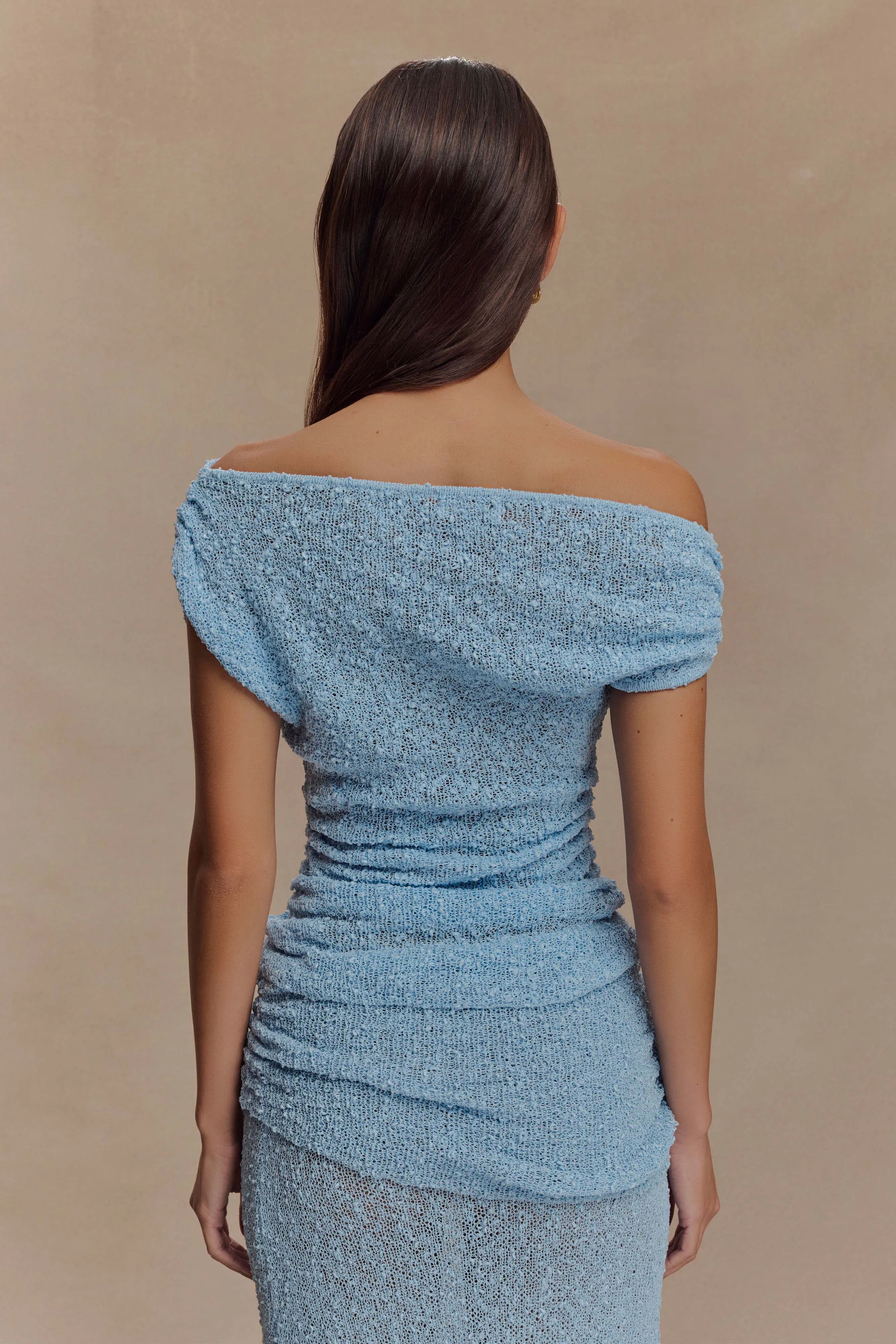 Chloe Off Shoulder Boucle Knit Top - Light Blue sold by Meshki product image thumbnail 2