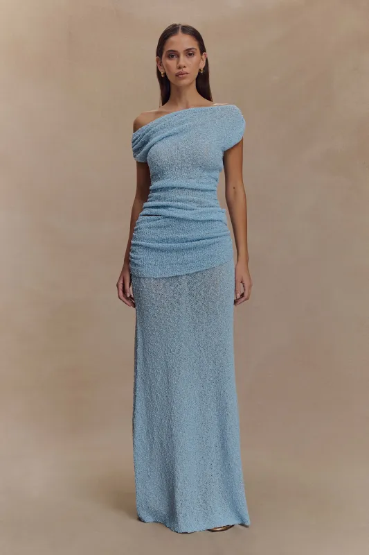 Petra Ruched Knit Maxi Skirt - Light Blue sold by Meshki