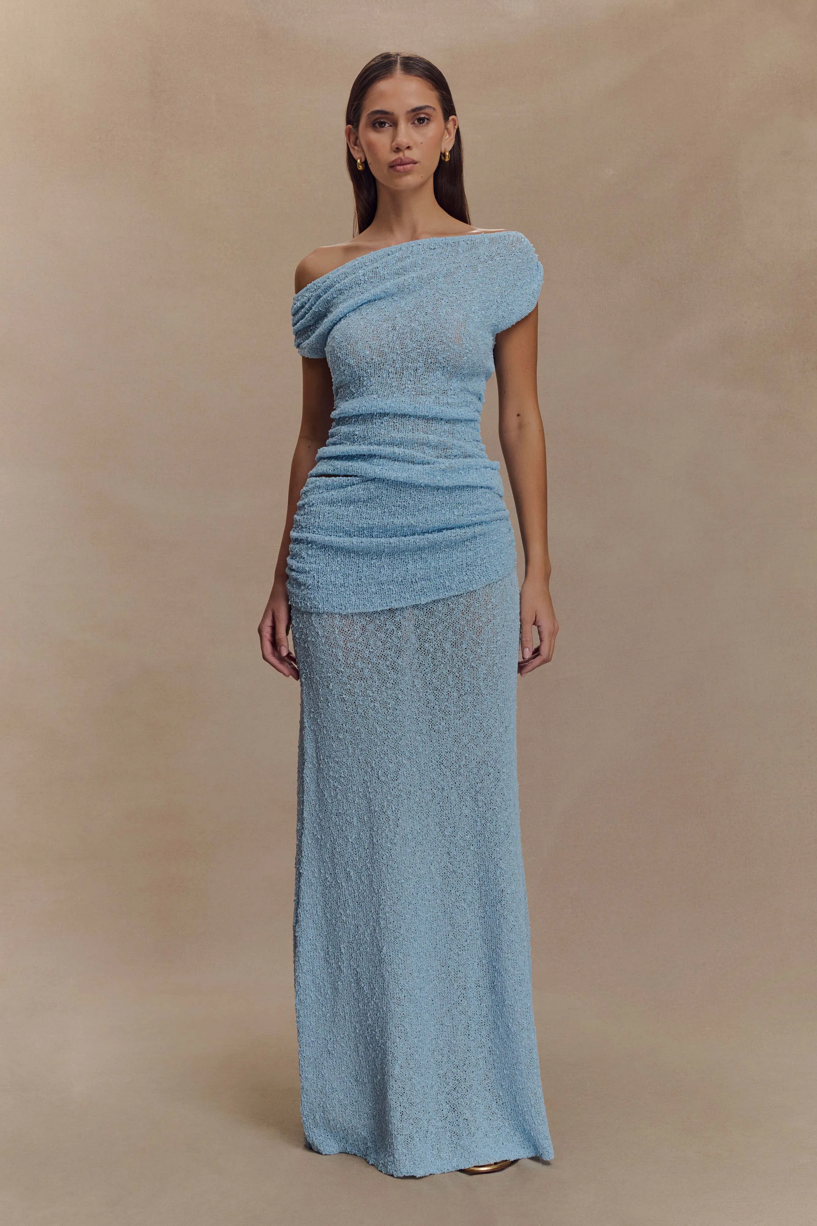 Petra Ruched Knit Maxi Skirt - Light Blue sold by Meshki