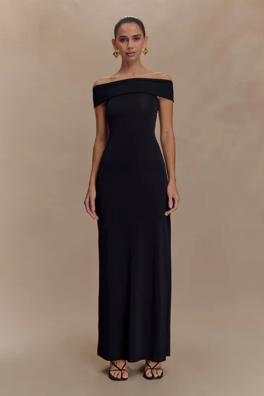 Aurora Slinky And Mesh Split Maxi Dress - Black sold by Meshki