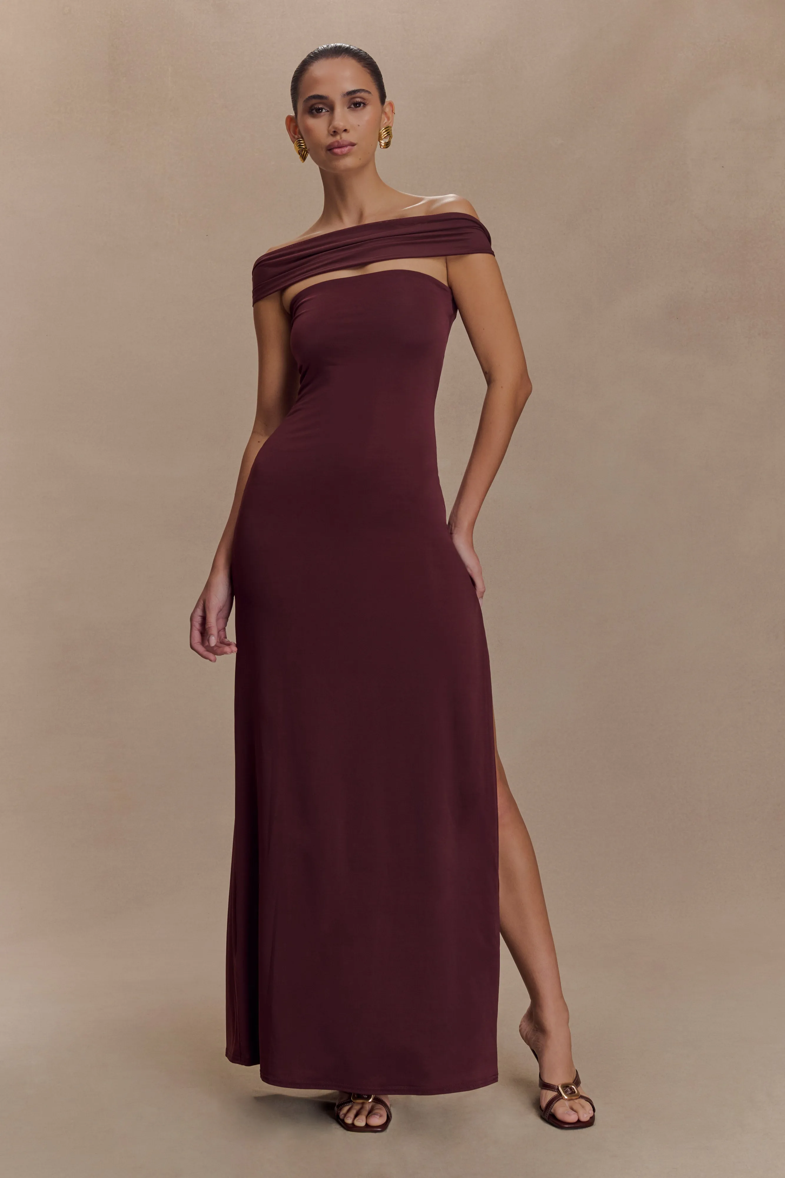 Aurora Slinky And Mesh Split Maxi Dress - Mahogany sold by Meshki