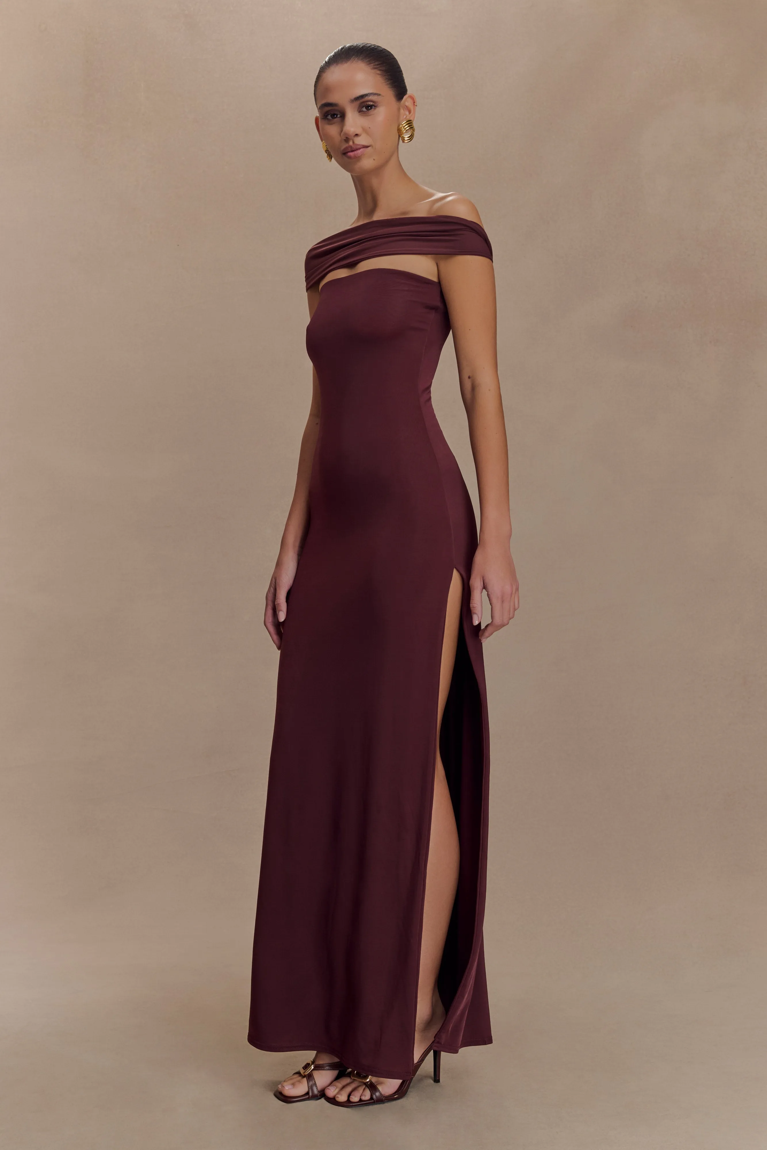 Aurora Slinky And Mesh Split Maxi Dress - Mahogany sold by Meshki product image thumbnail 4