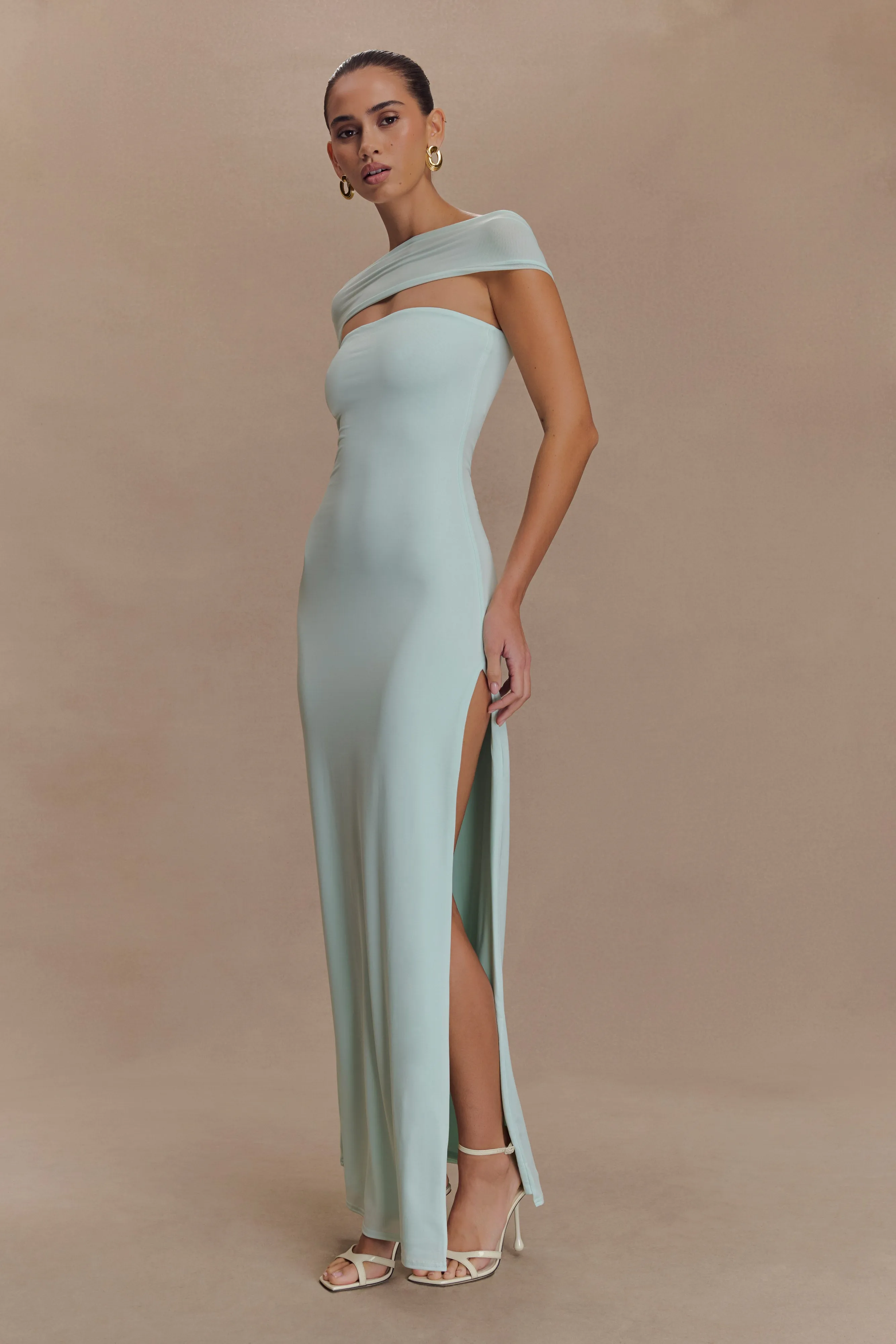 Aurora Slinky And Mesh Split Maxi Dress - Lagoon sold by Meshki product image thumbnail 4